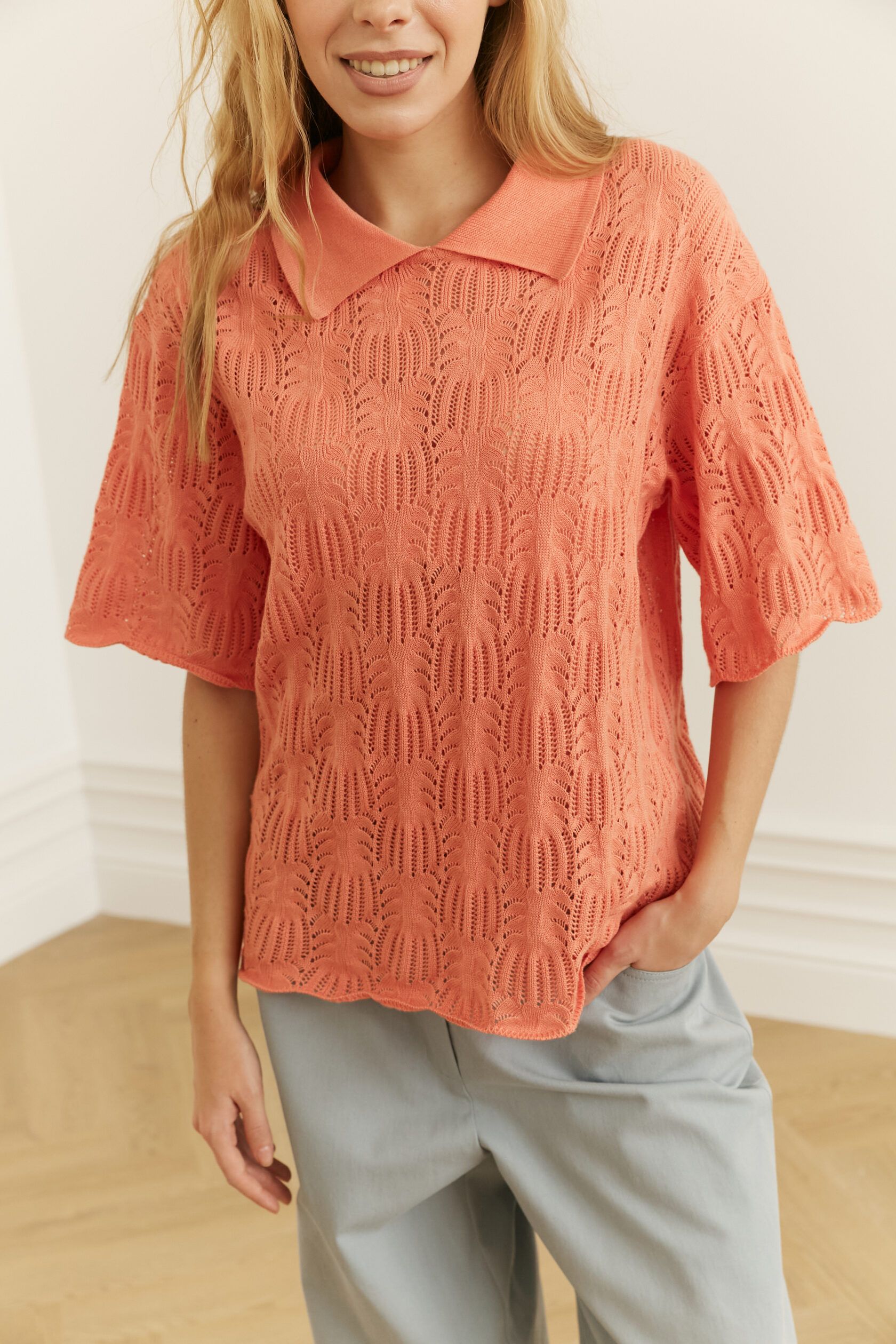 Поло трикотажное ажур Ананас лосось M-L