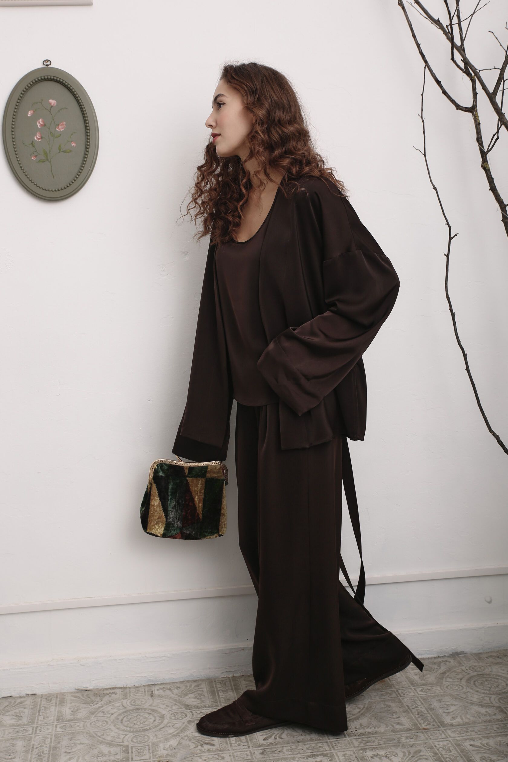 Брюки палаццо искусственный шелк шоколад L