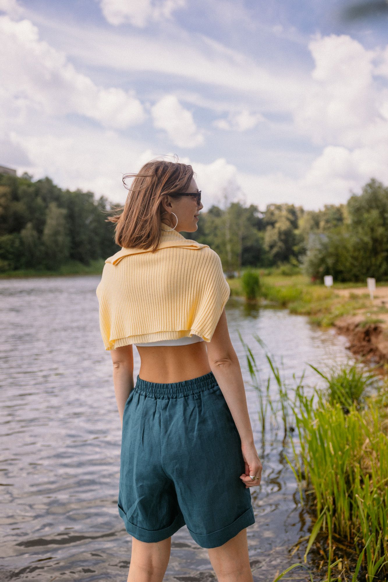 Шорты льняные морская волна L