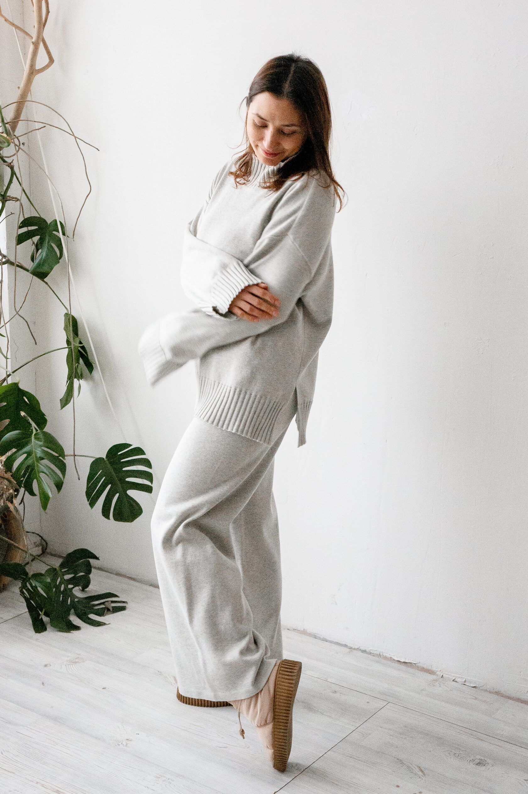 Брюки трикотаж серо-льняной S-M