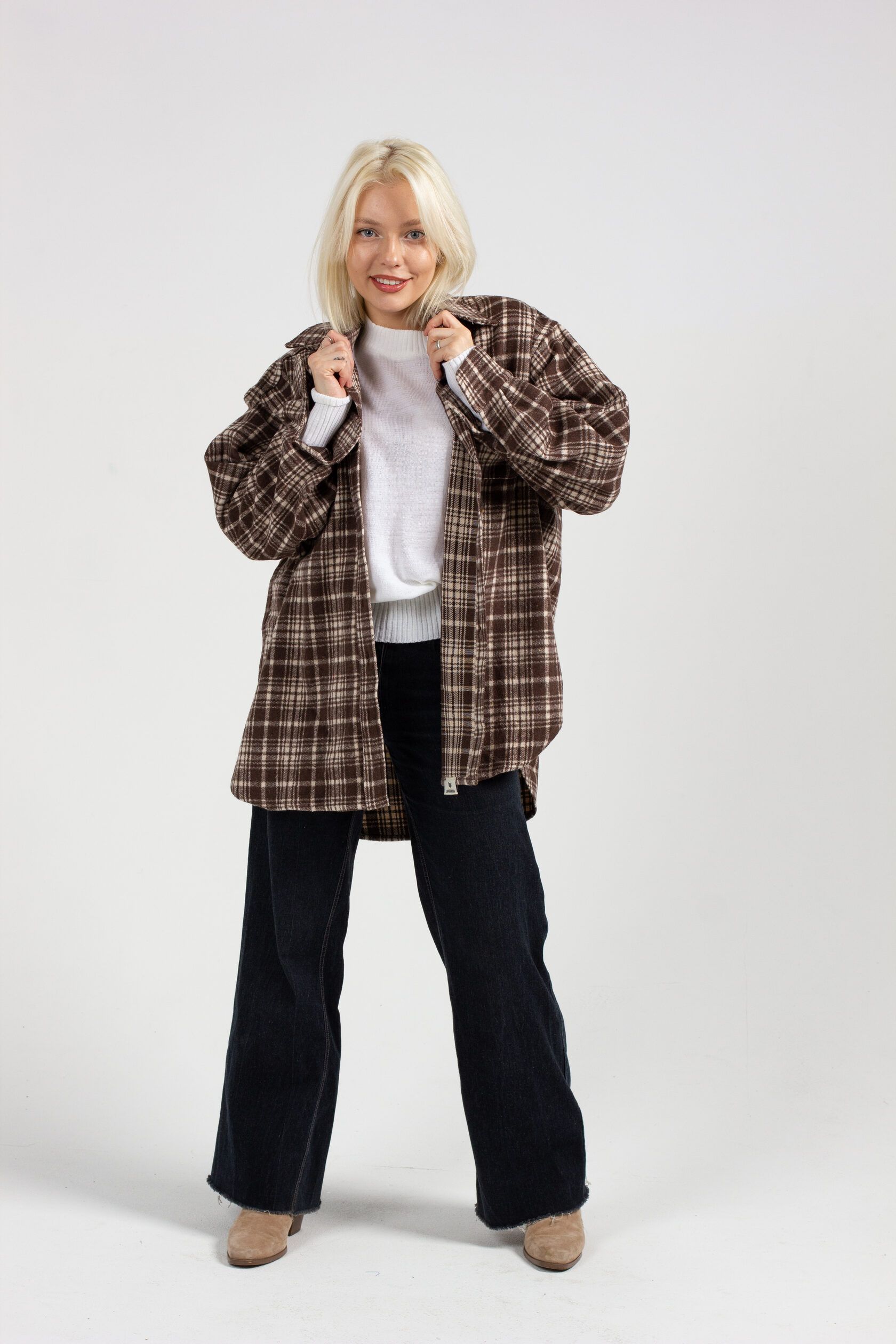 Рубашка женская oversize фланель клетка молочный S-M