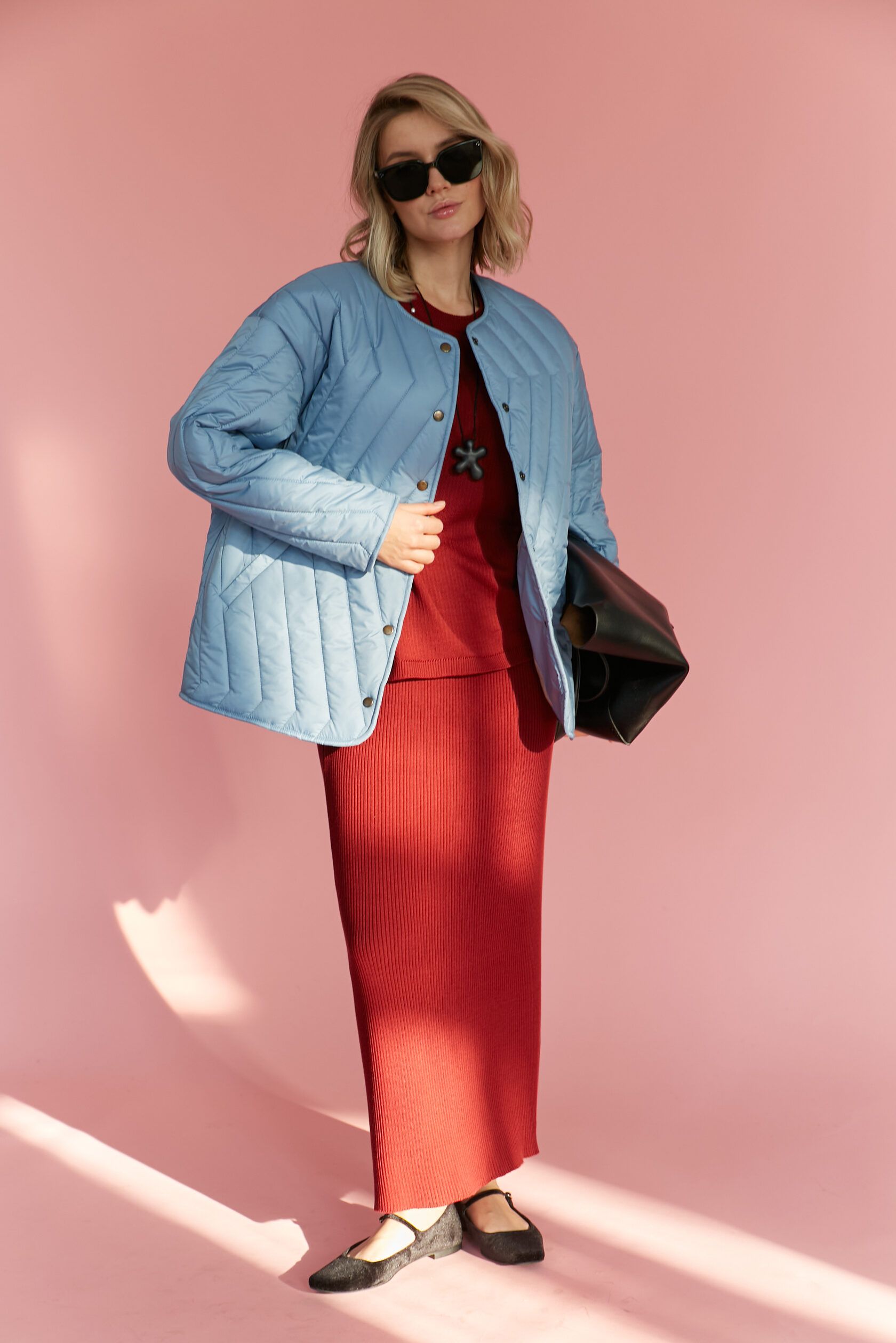 Куртка стеганая женская голубой круглый ворот S-M