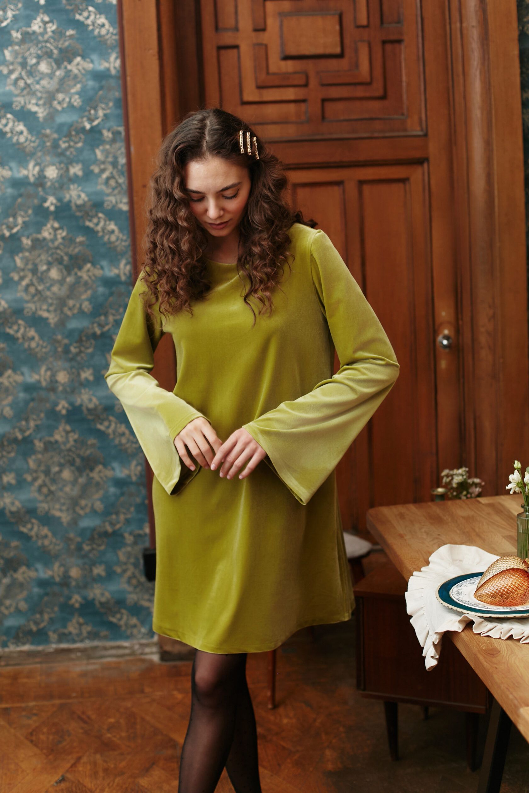 Платье Агата мини велюр лайм M