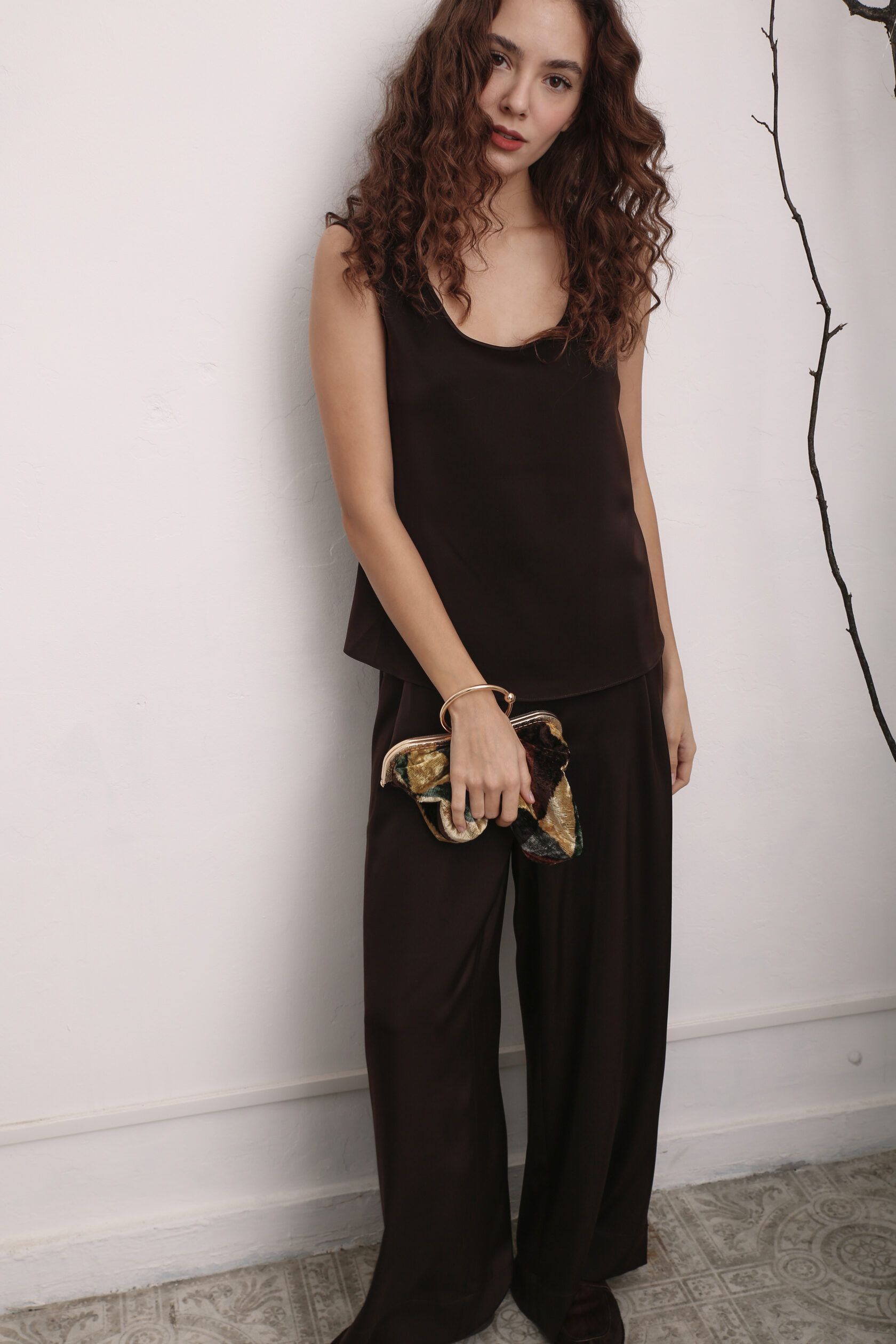 Брюки палаццо искусственный шелк шоколад L