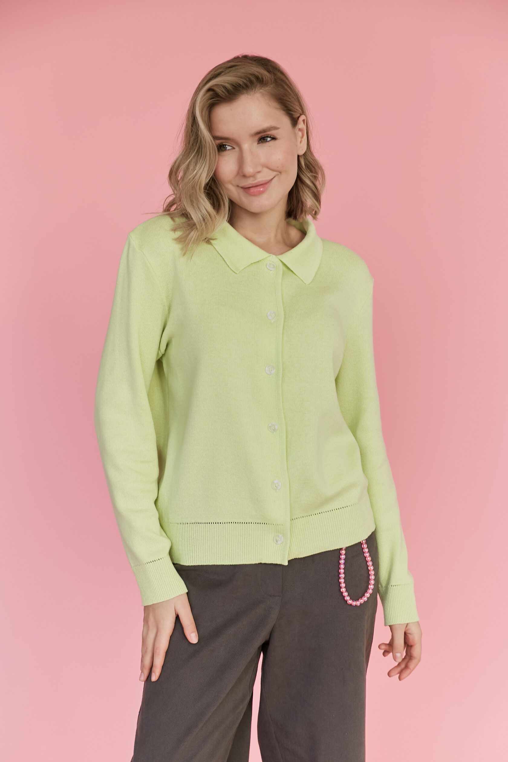 Кардиган с воротником на пуговицах светлый лайм S-L