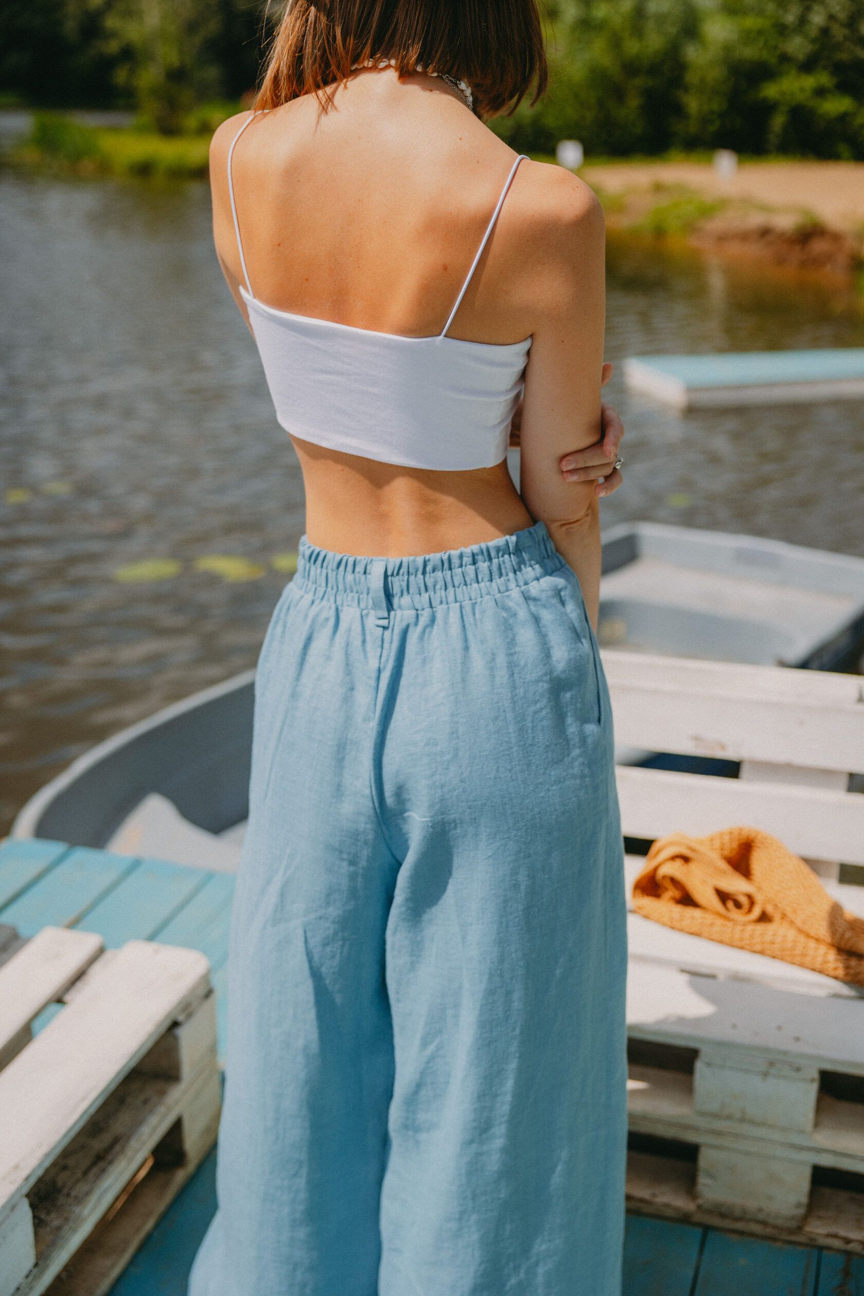 Брюки палаццо льняные серо-голубой L