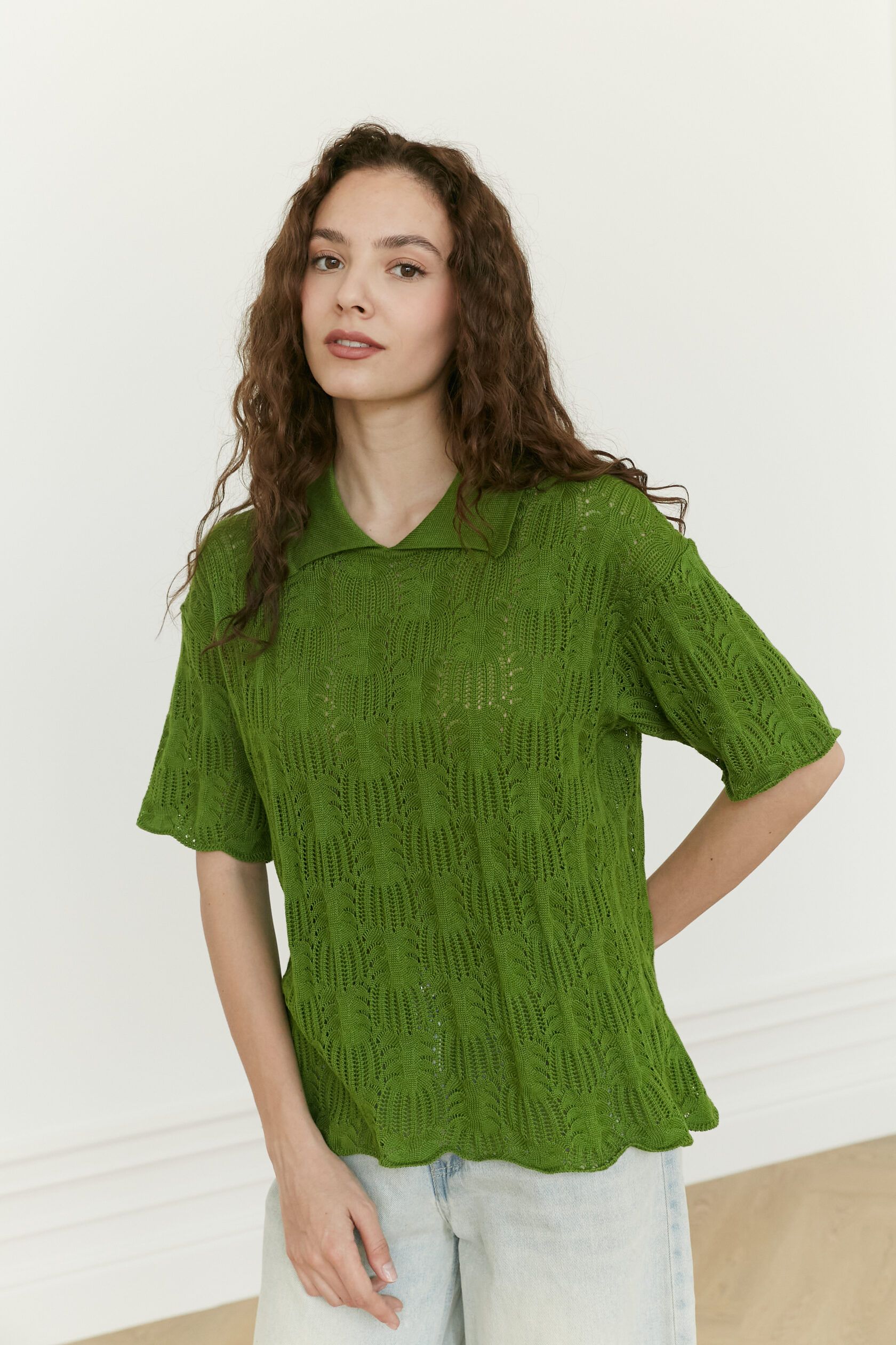 Поло трикотажное ажур Ананас травяной М-L