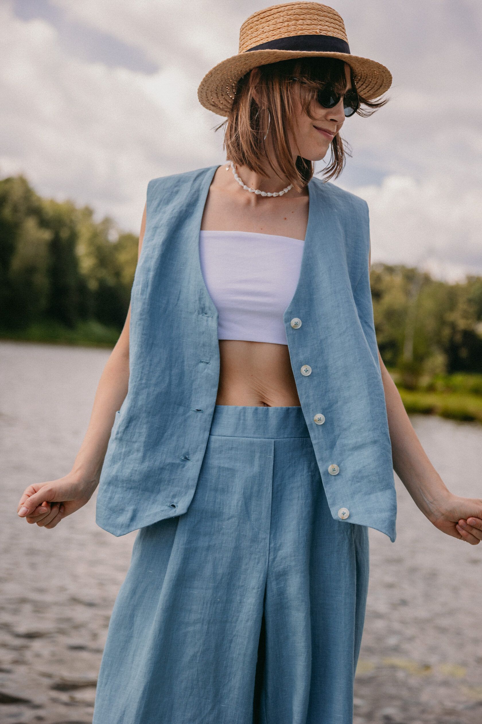 Брюки палаццо льняные серо-голубой L