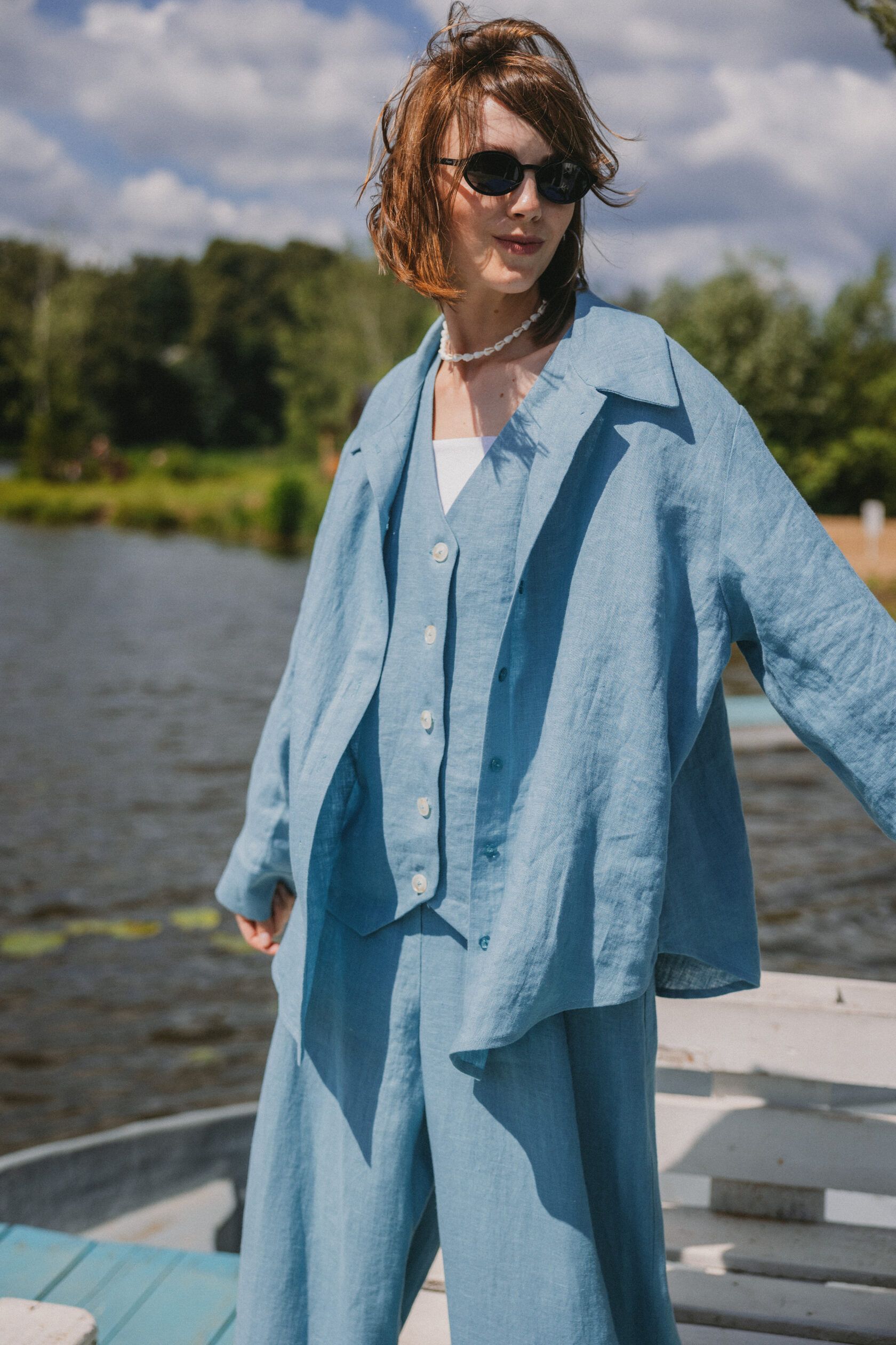 Рубашка льняная серо-голубой XS-S