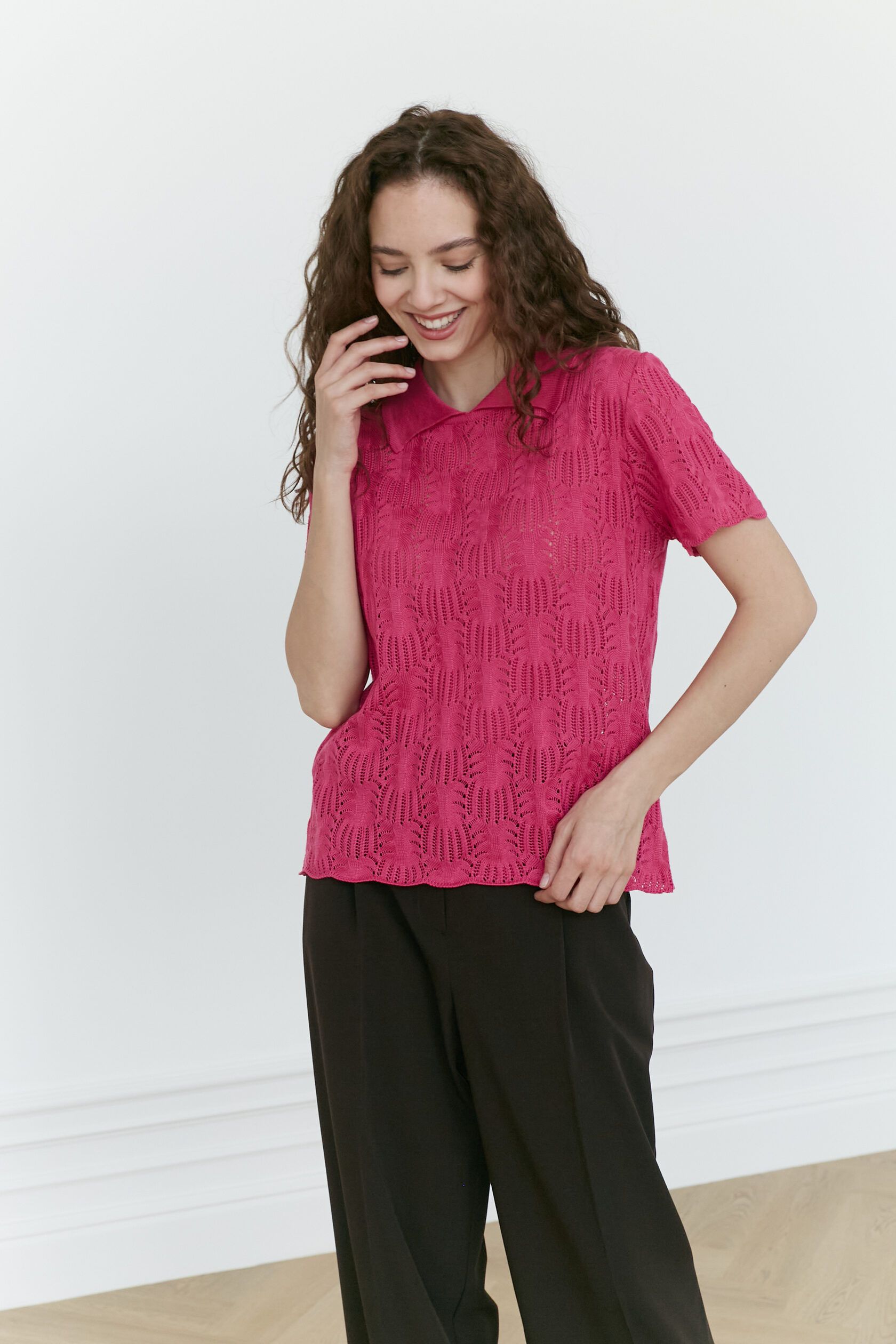 Поло трикотажное ажур Ананас яркая фуксия XS-S