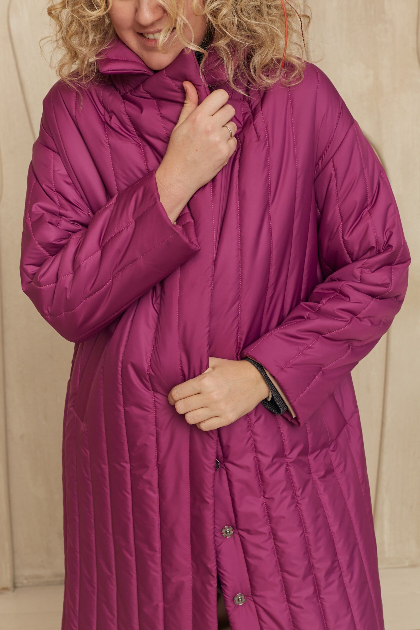 Пальто стеганое женское ежевика M-L