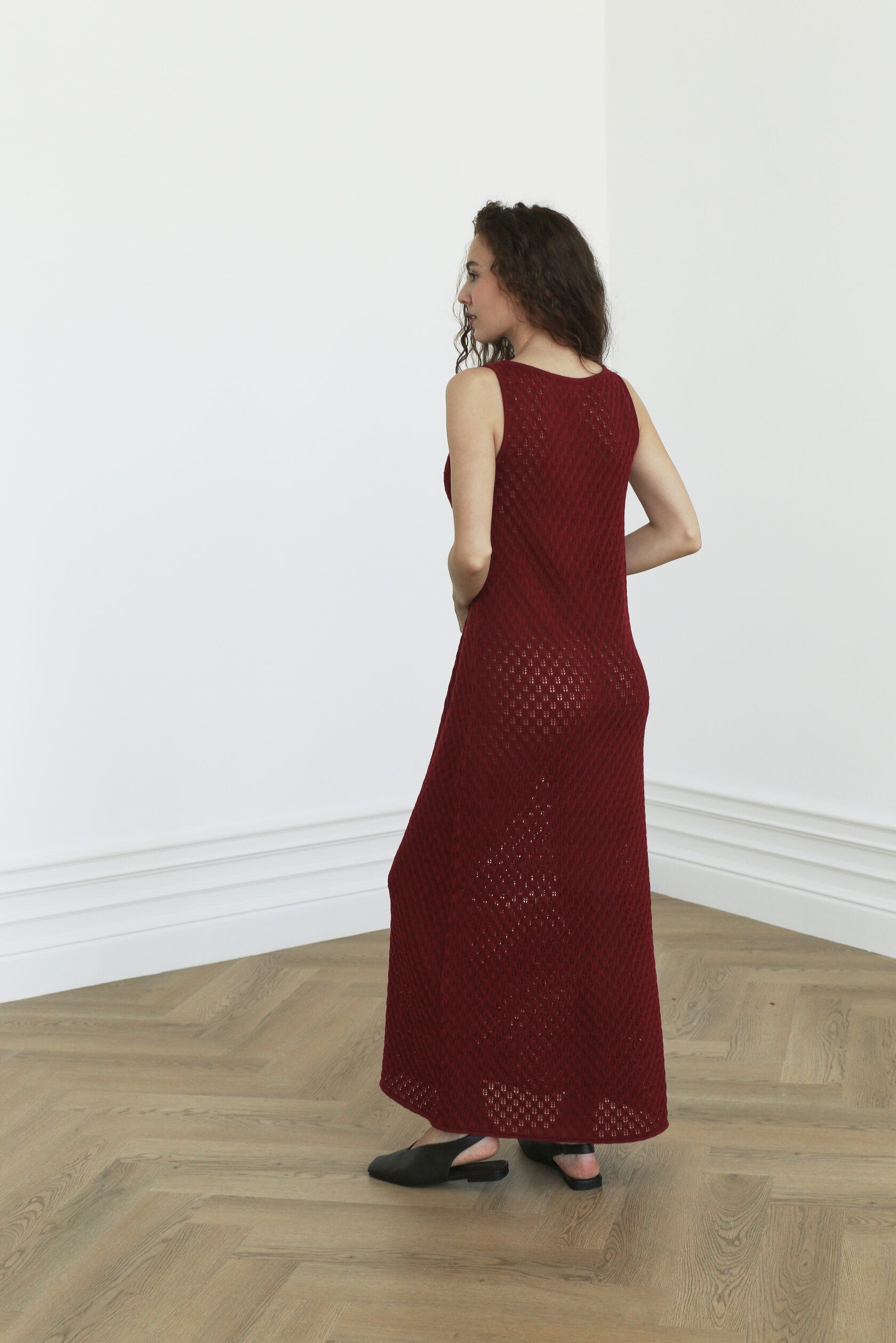 Платье трикотажное ажур Колоски макси бургунди S-M