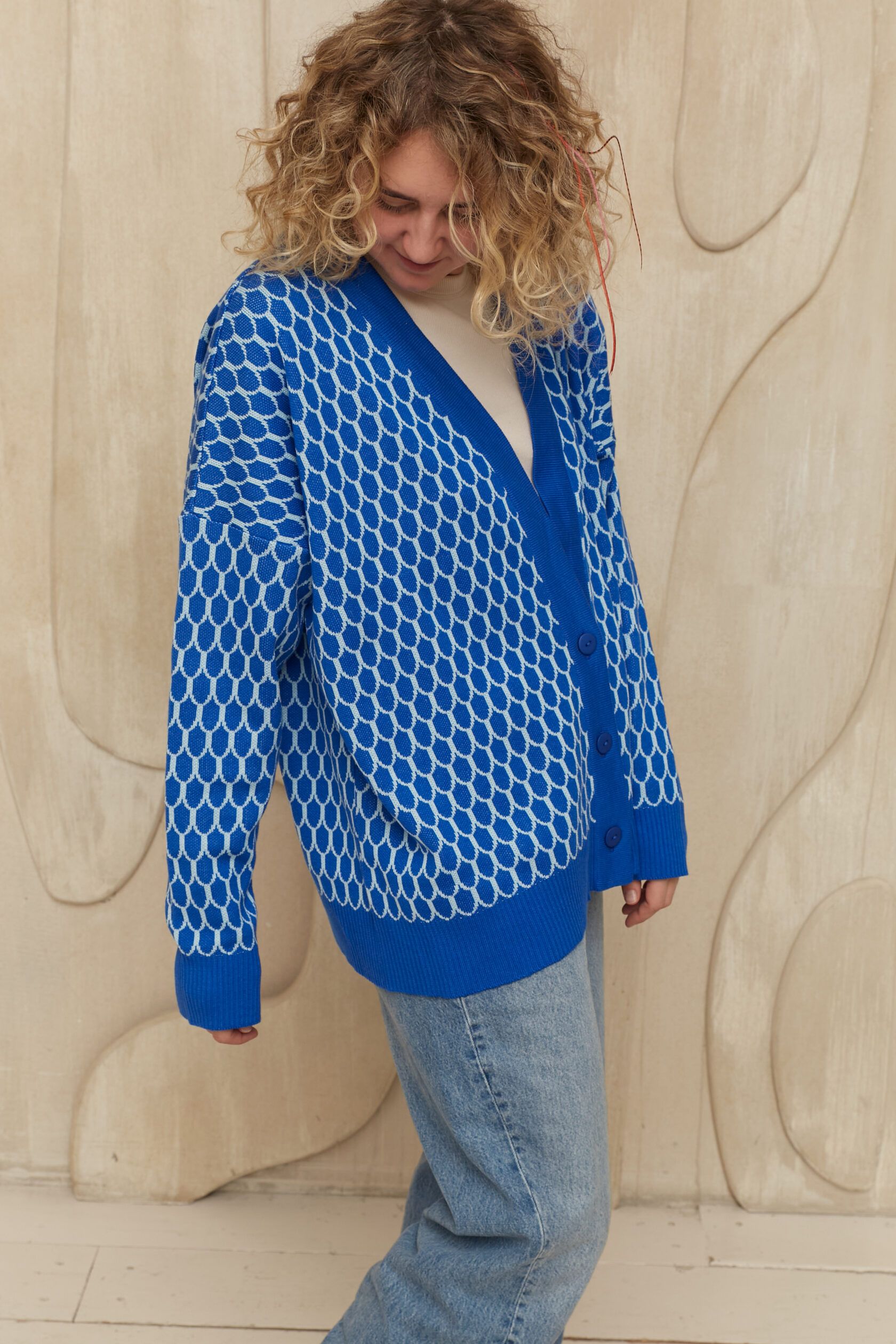 Кардиган Чешуйки жаккард васильковый S-M