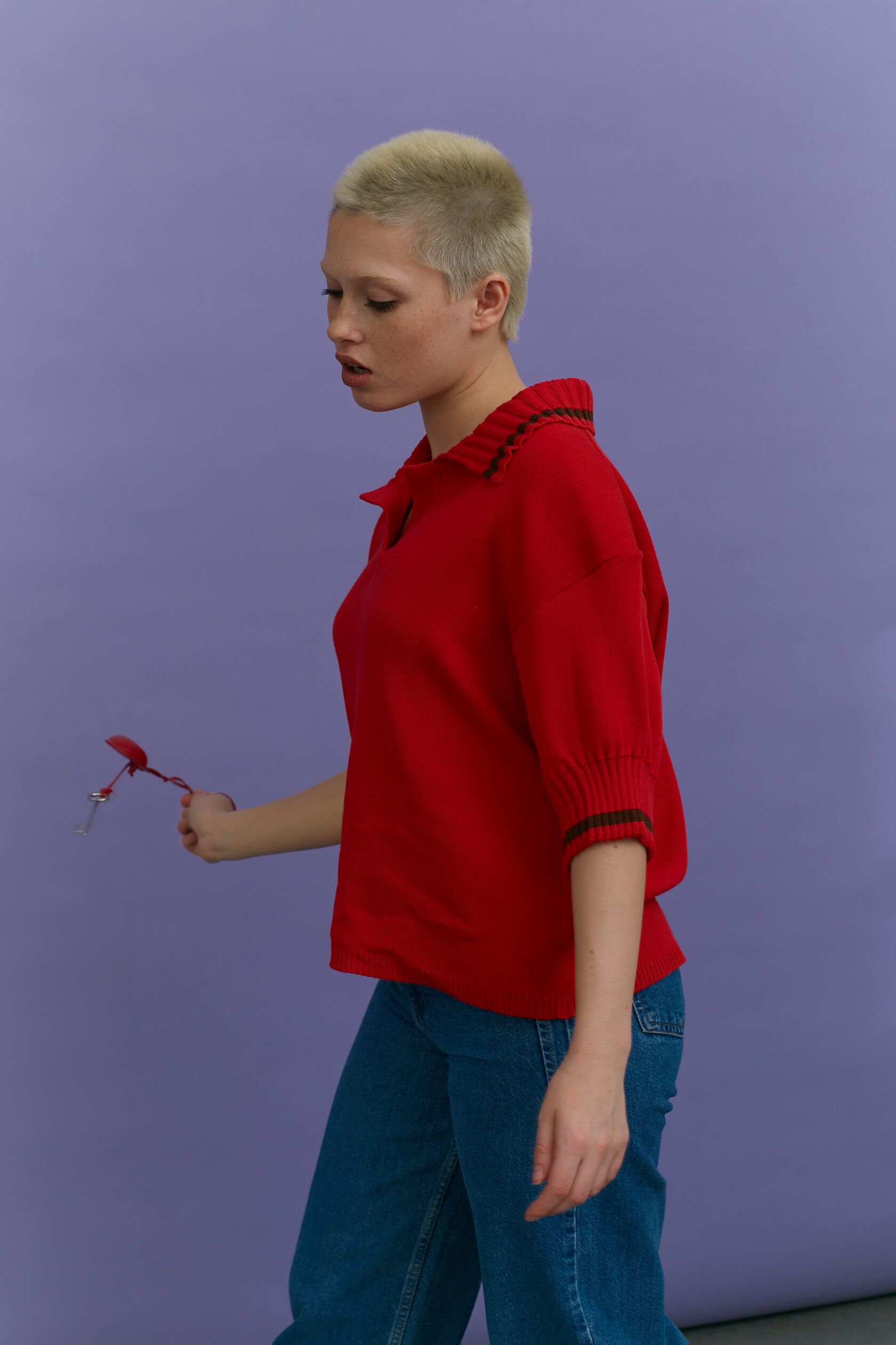 Поло трикотажное алый с шоколадной полосой M-L