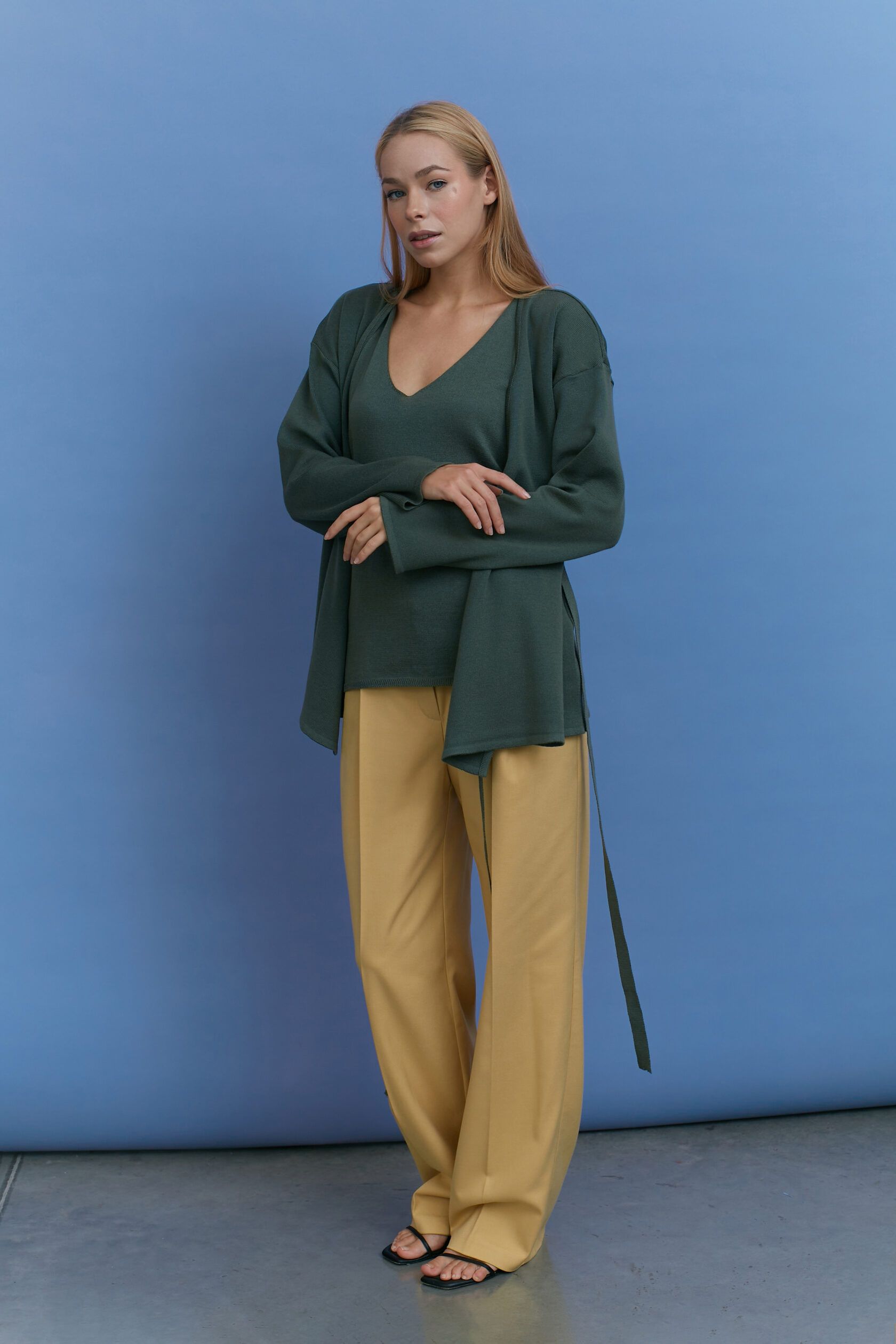 Кардиган трикотажный на завязках зеленая полынь S-L