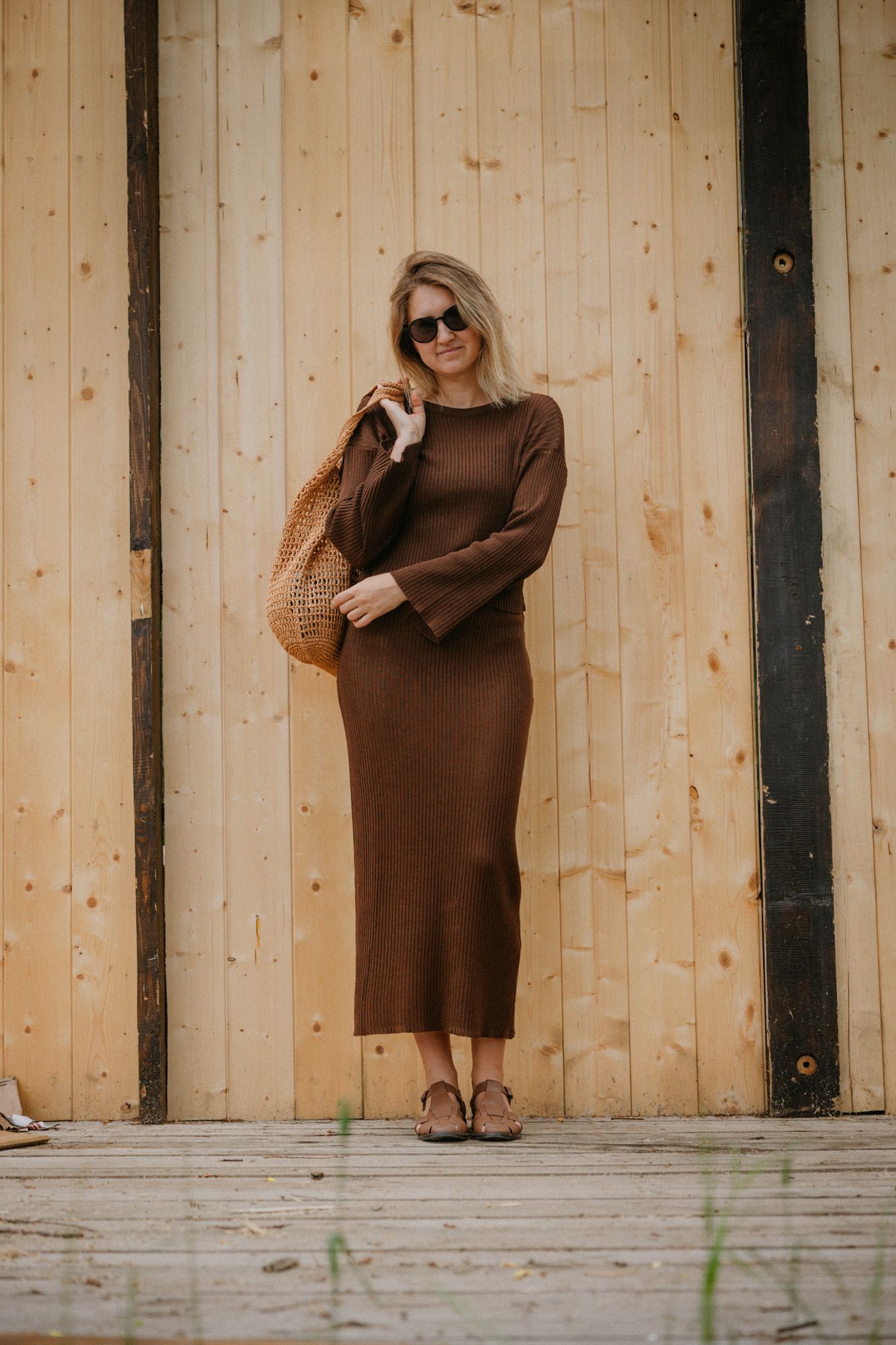 Юбка трикотажная в рубчик макси шоколад S-M