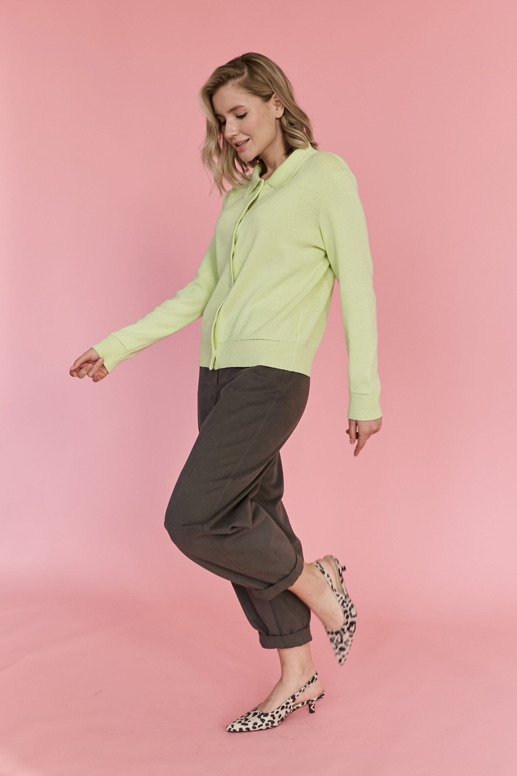 Кардиган с воротником на пуговицах светлый лайм S-L