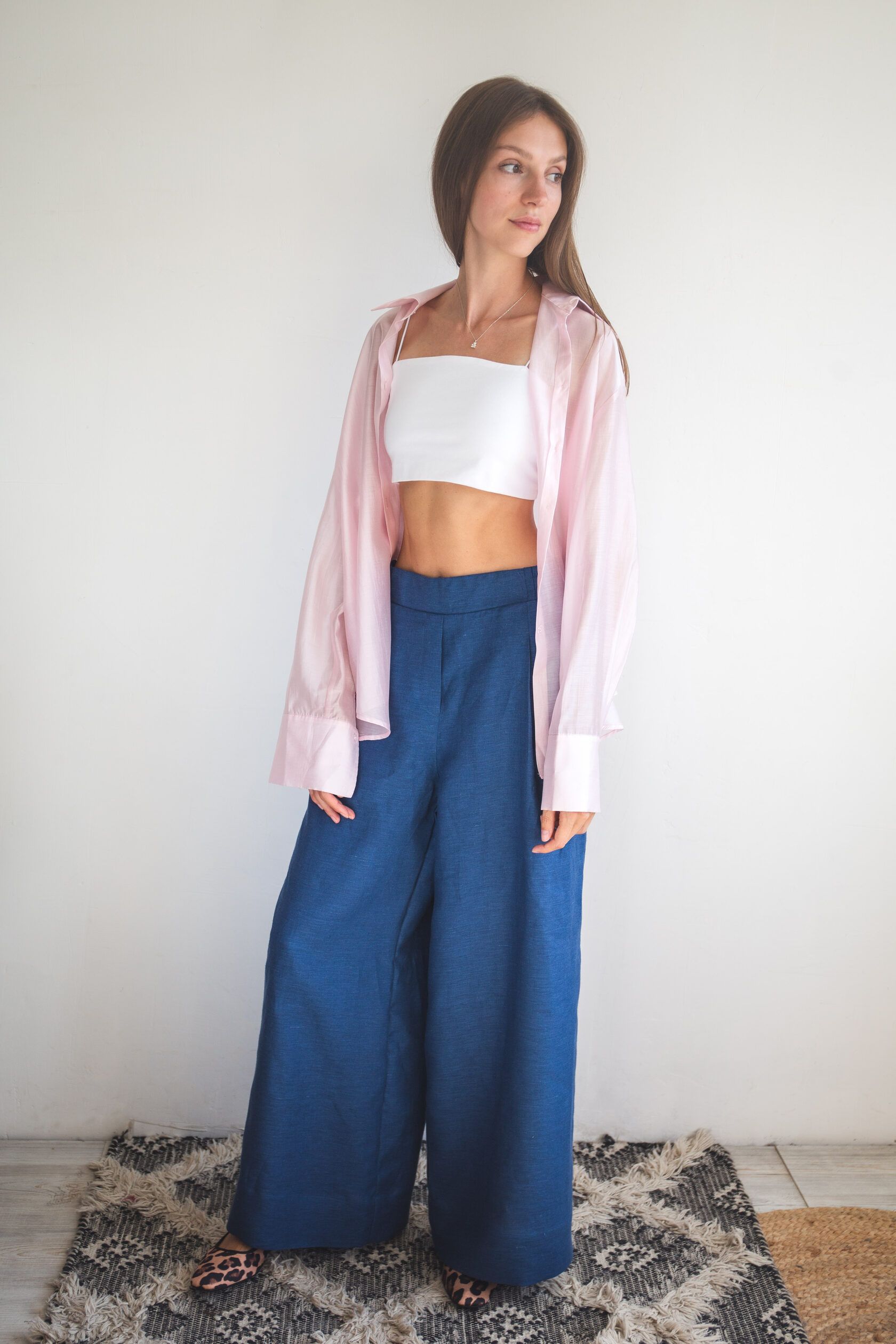 Брюки палаццо льняные синие L