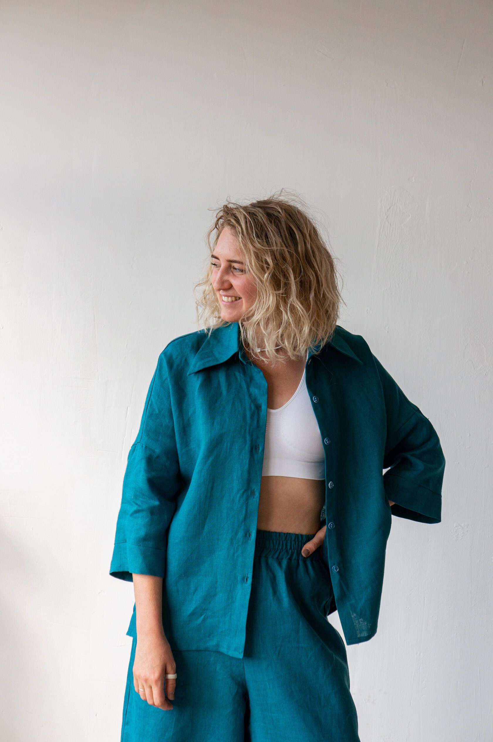 Рубашка льняная бирюза one size