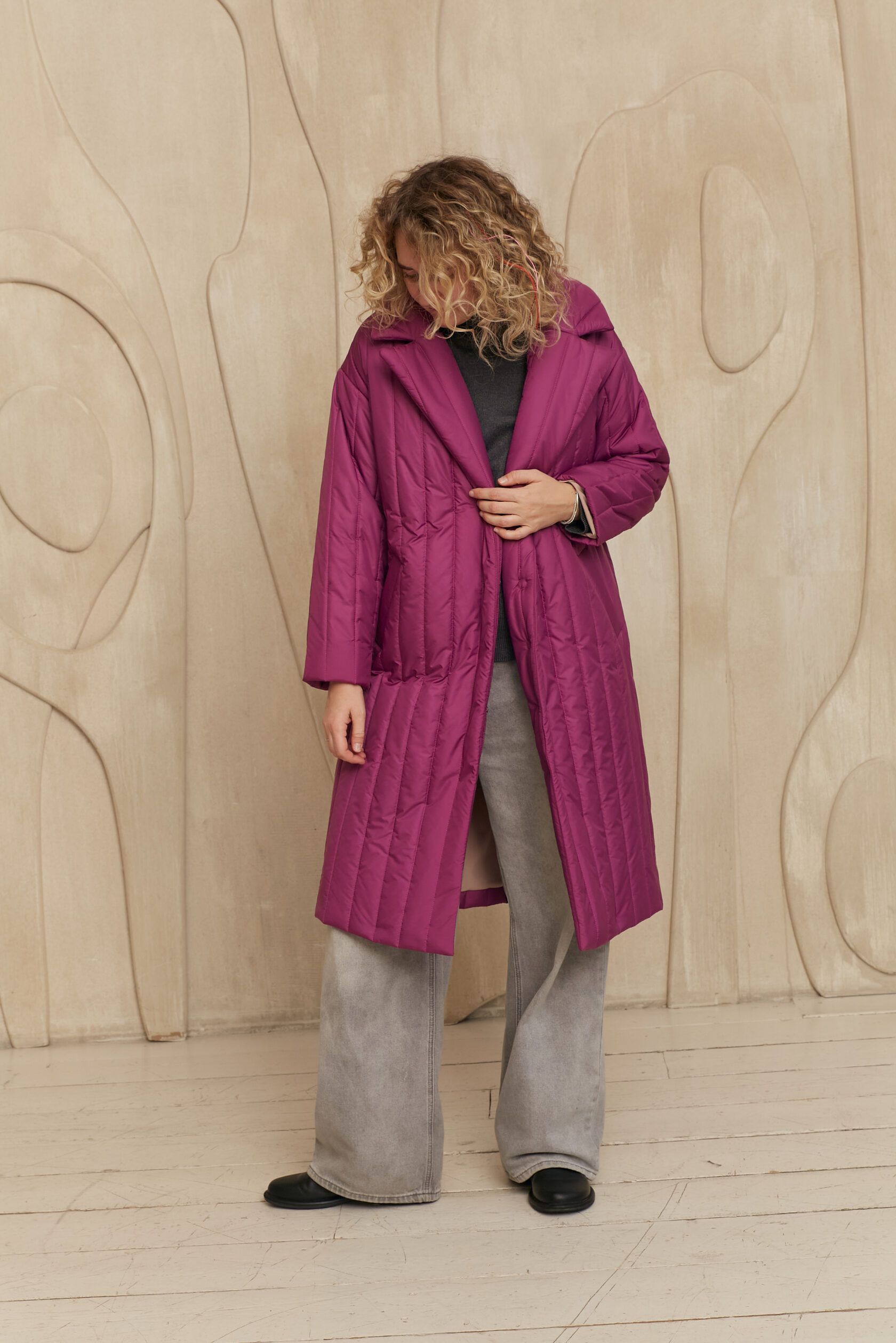 Пальто стеганое женское ежевика M-L