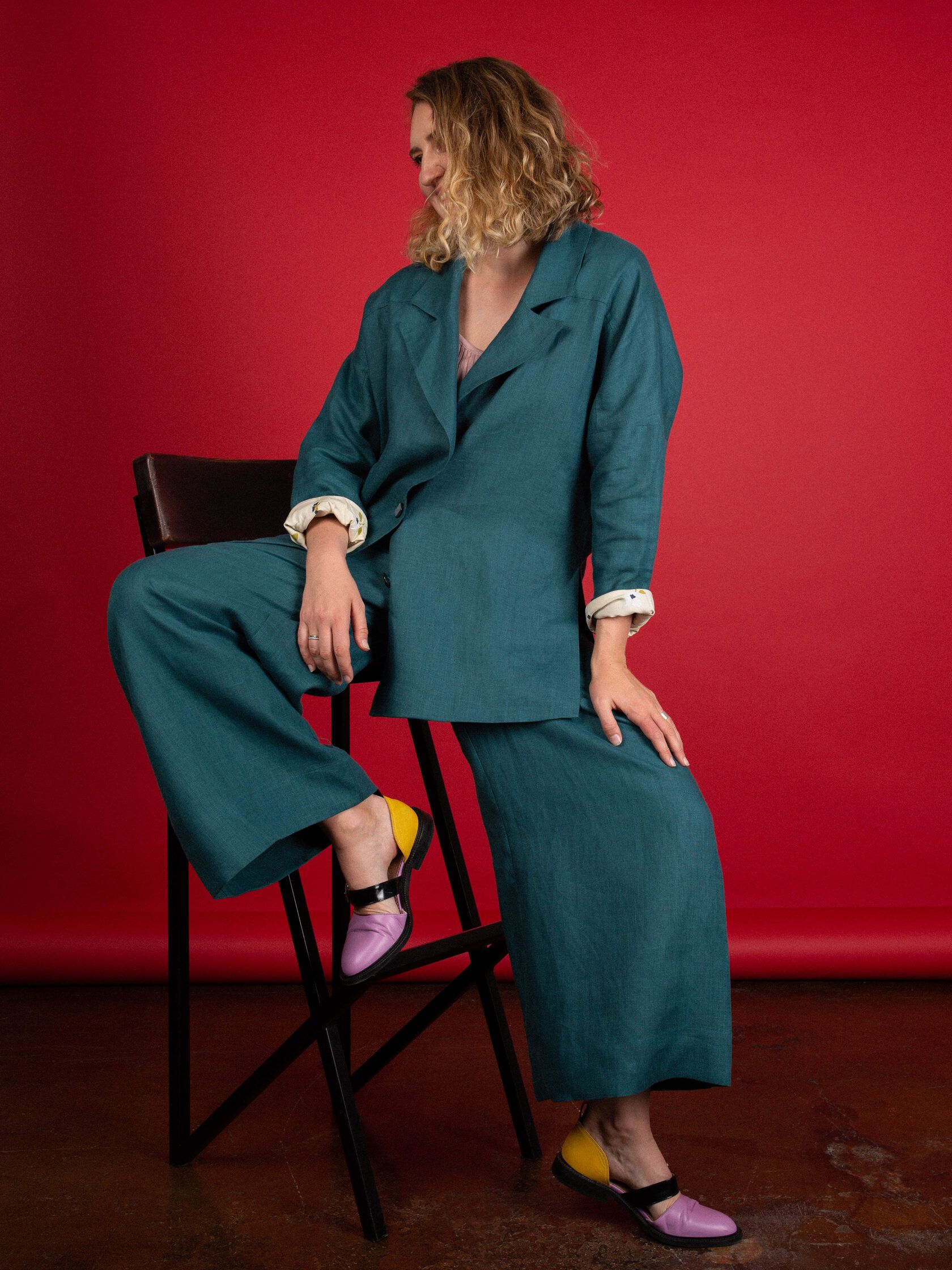 Брюки льняные широкие морская волна L