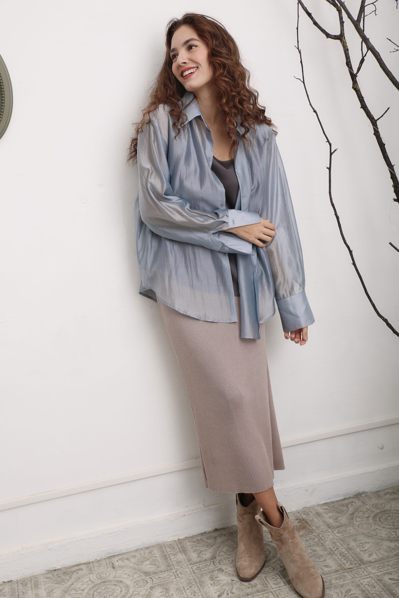 Рубашка женская из тенсела серо-голубая one size