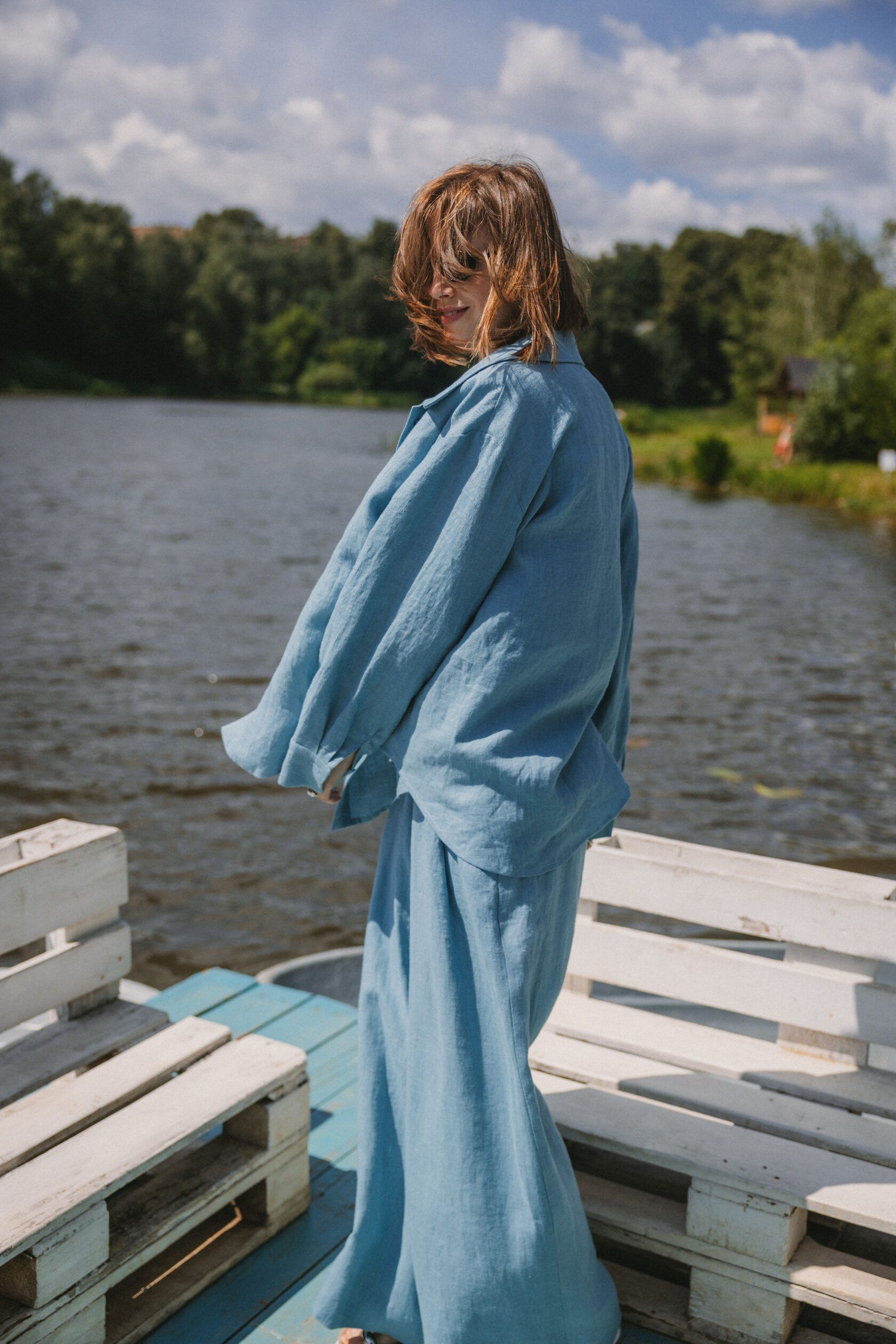 Рубашка льняная серо-голубой M-L