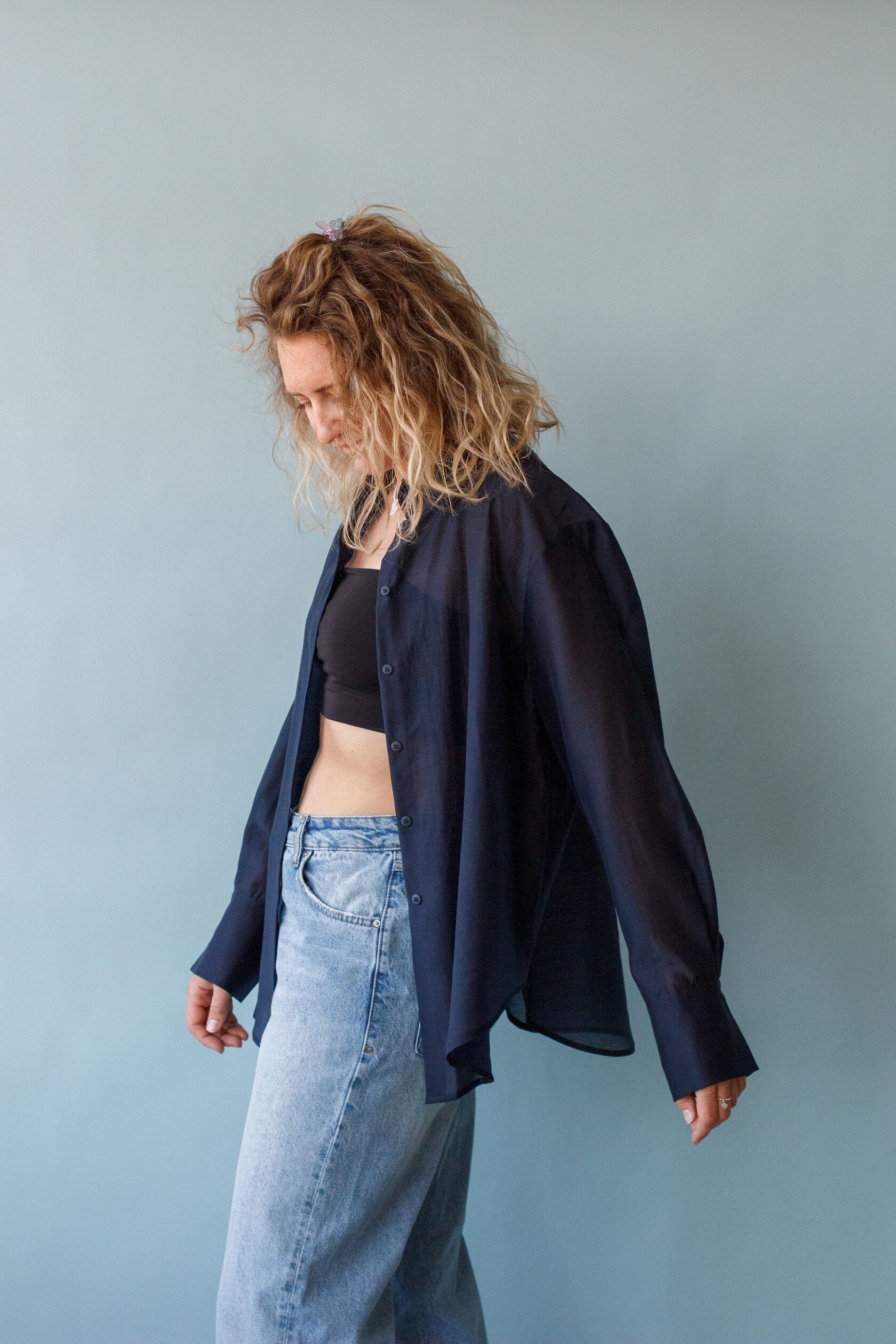 Рубашка женская из тенсела синий one size