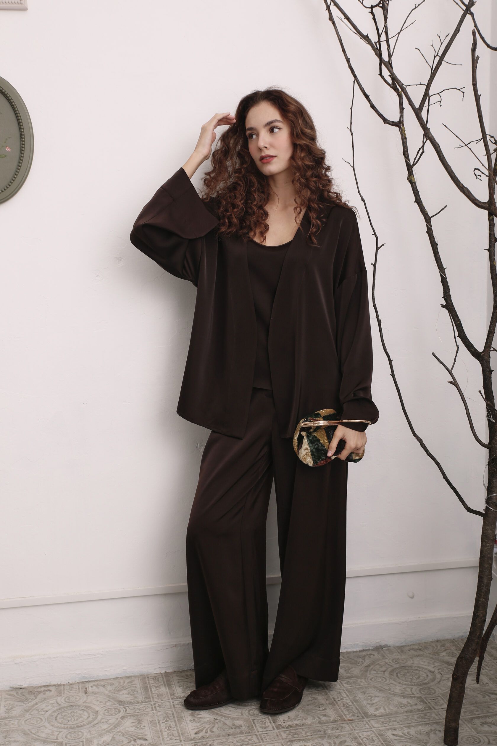 Брюки палаццо искусственный шелк шоколад M