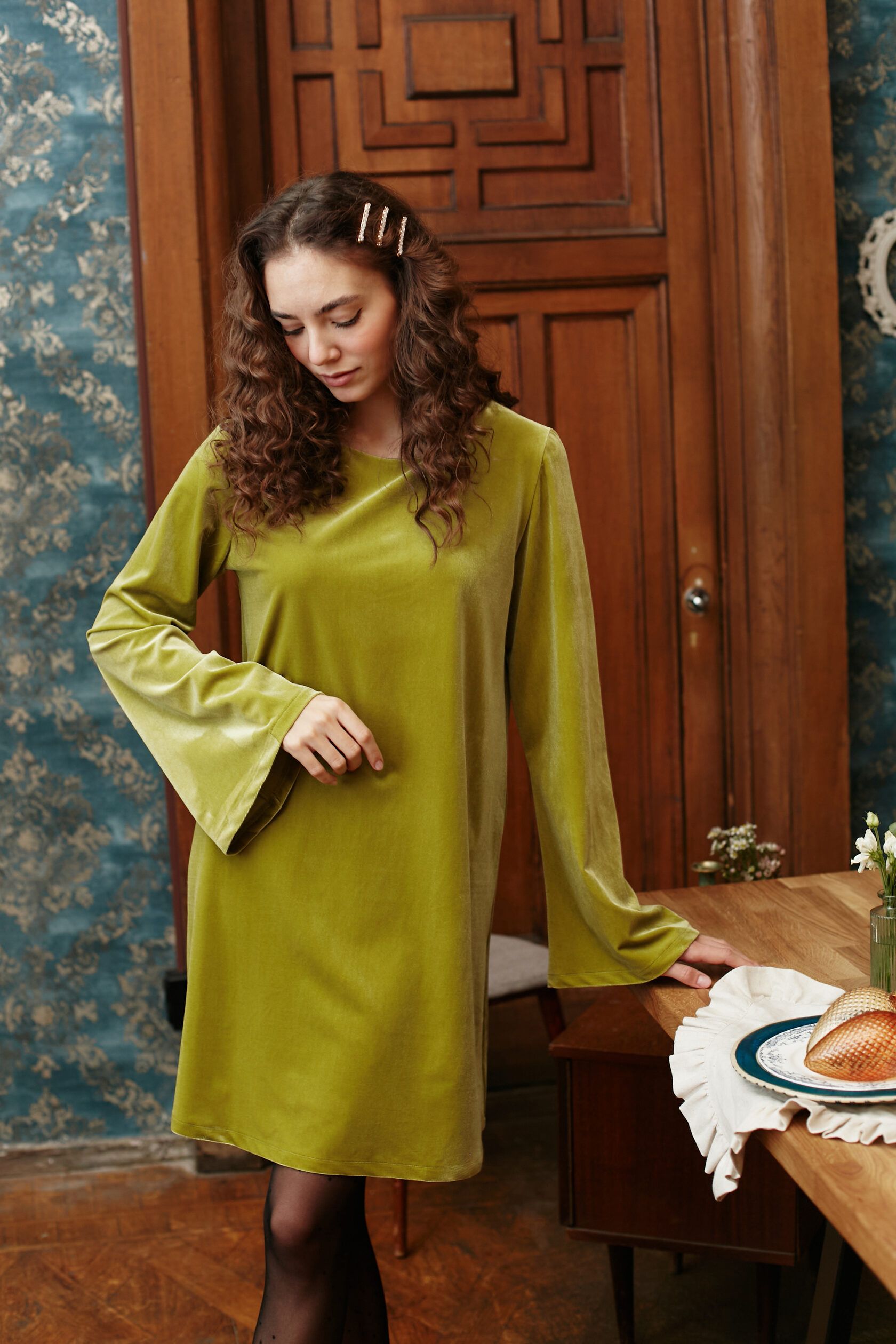 Платье Агата мини велюр лайм M
