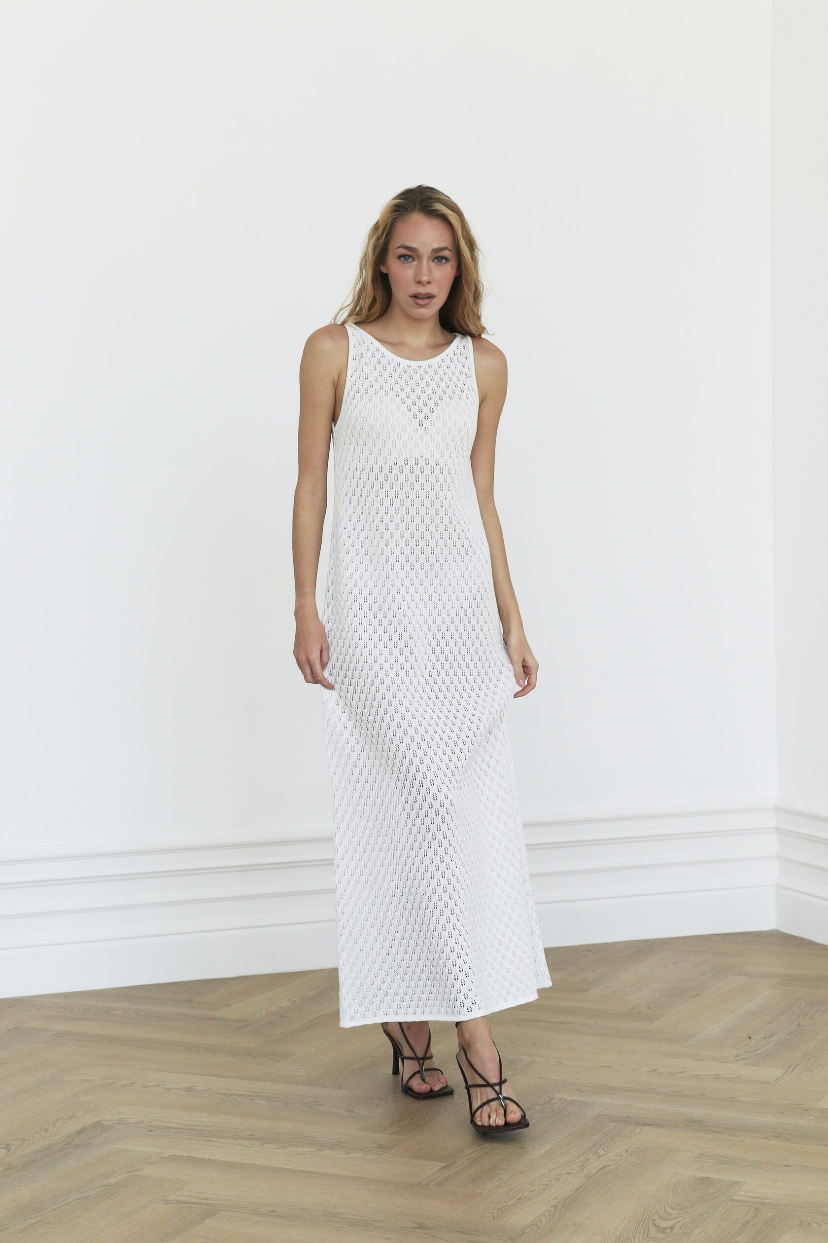 Платье трикотажное ажур Колоски макси молочный S-M