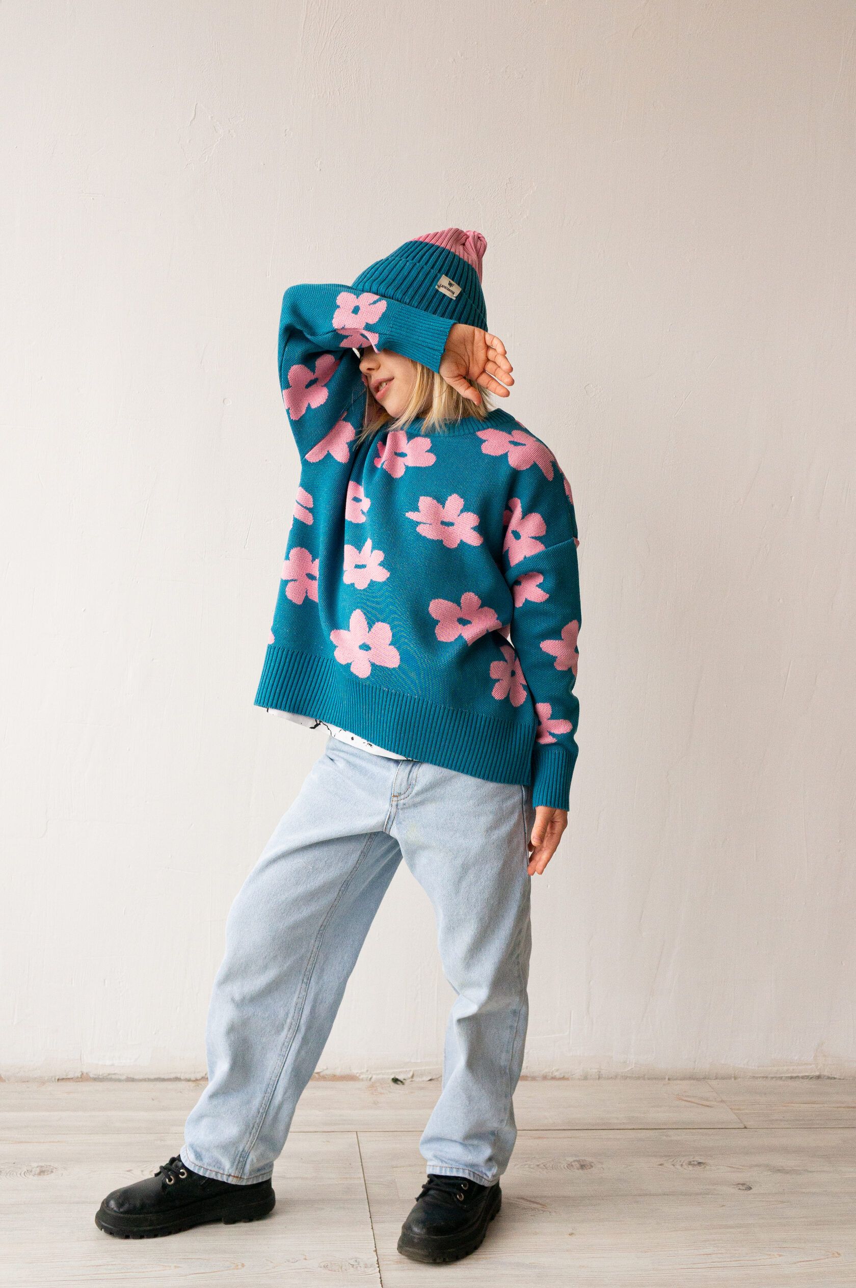 Джемпер детский Ромашки морская волна рост 140-150 см