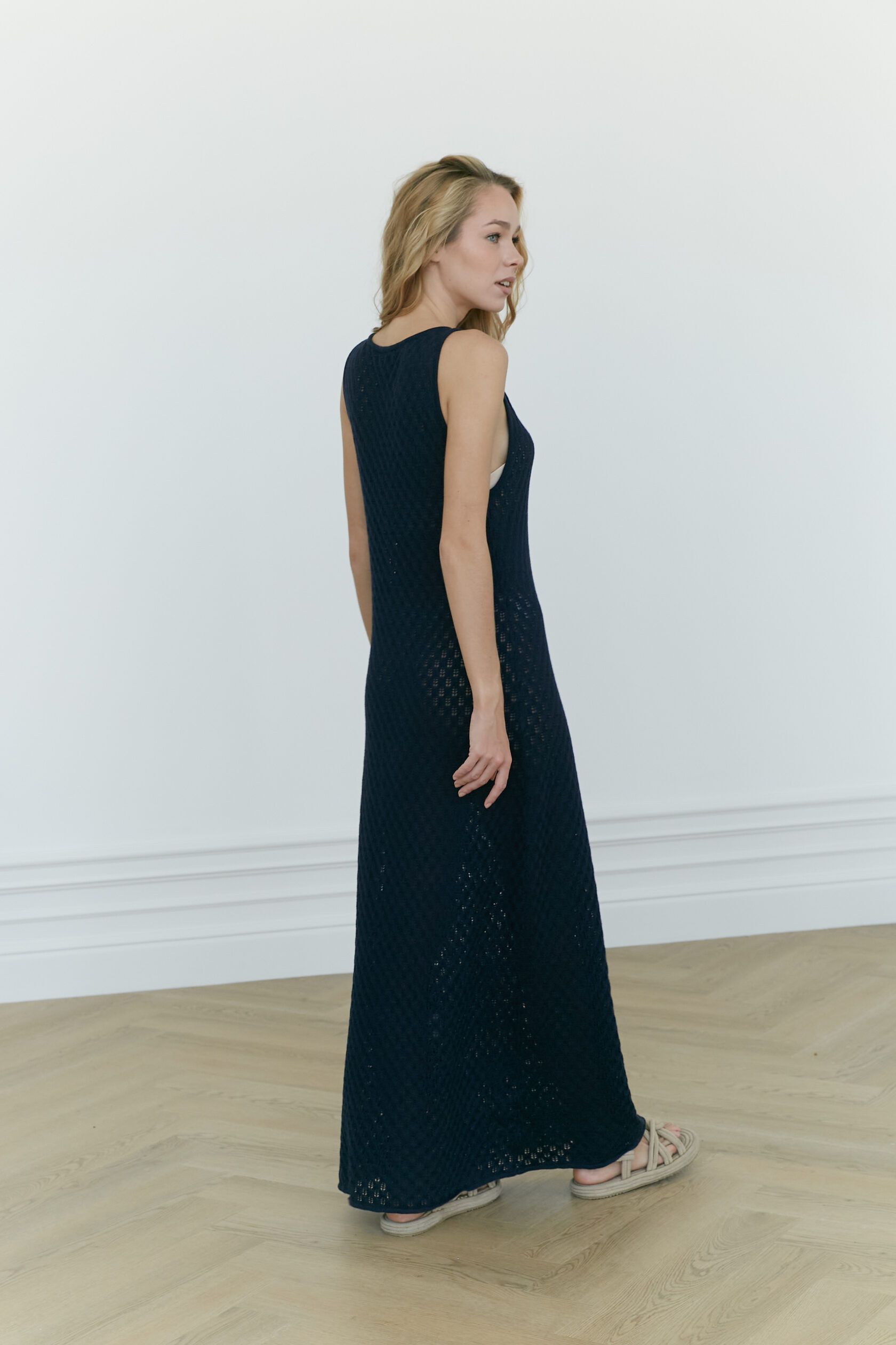 Платье трикотажное ажур Колоски макси синий S-M