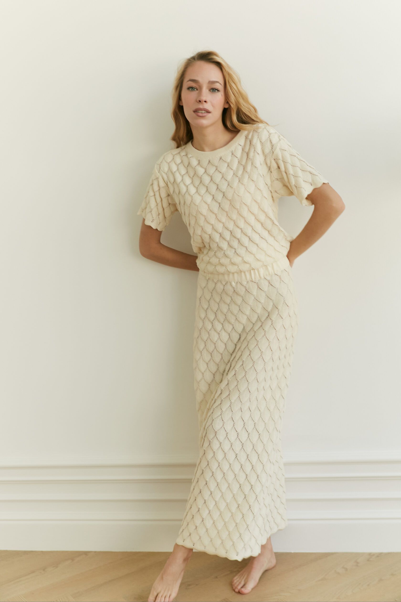 Юбка трикотажная ажур Листочки ваниль S-M