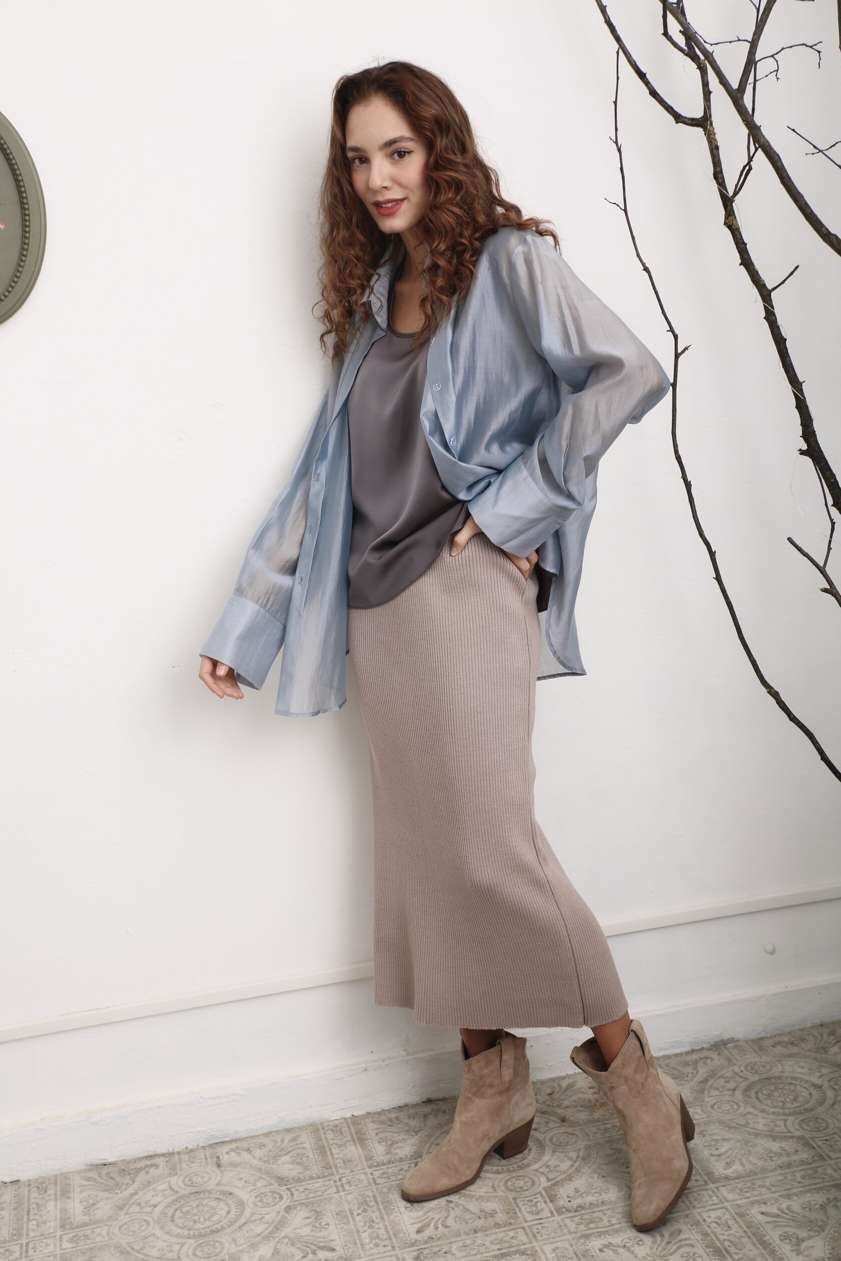 Рубашка женская из тенсела серо-голубая one size