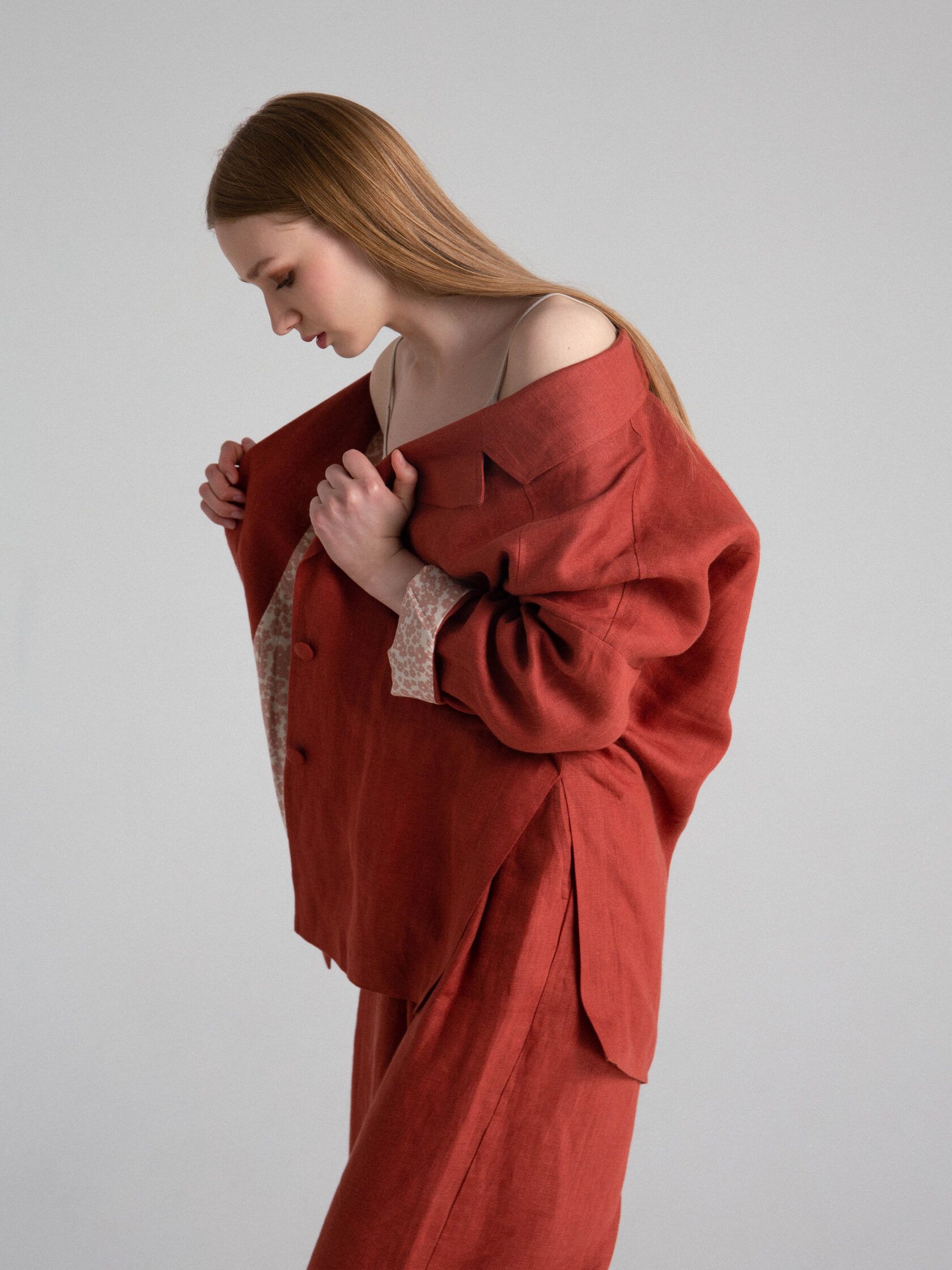 Брюки палаццо льняные терракот L