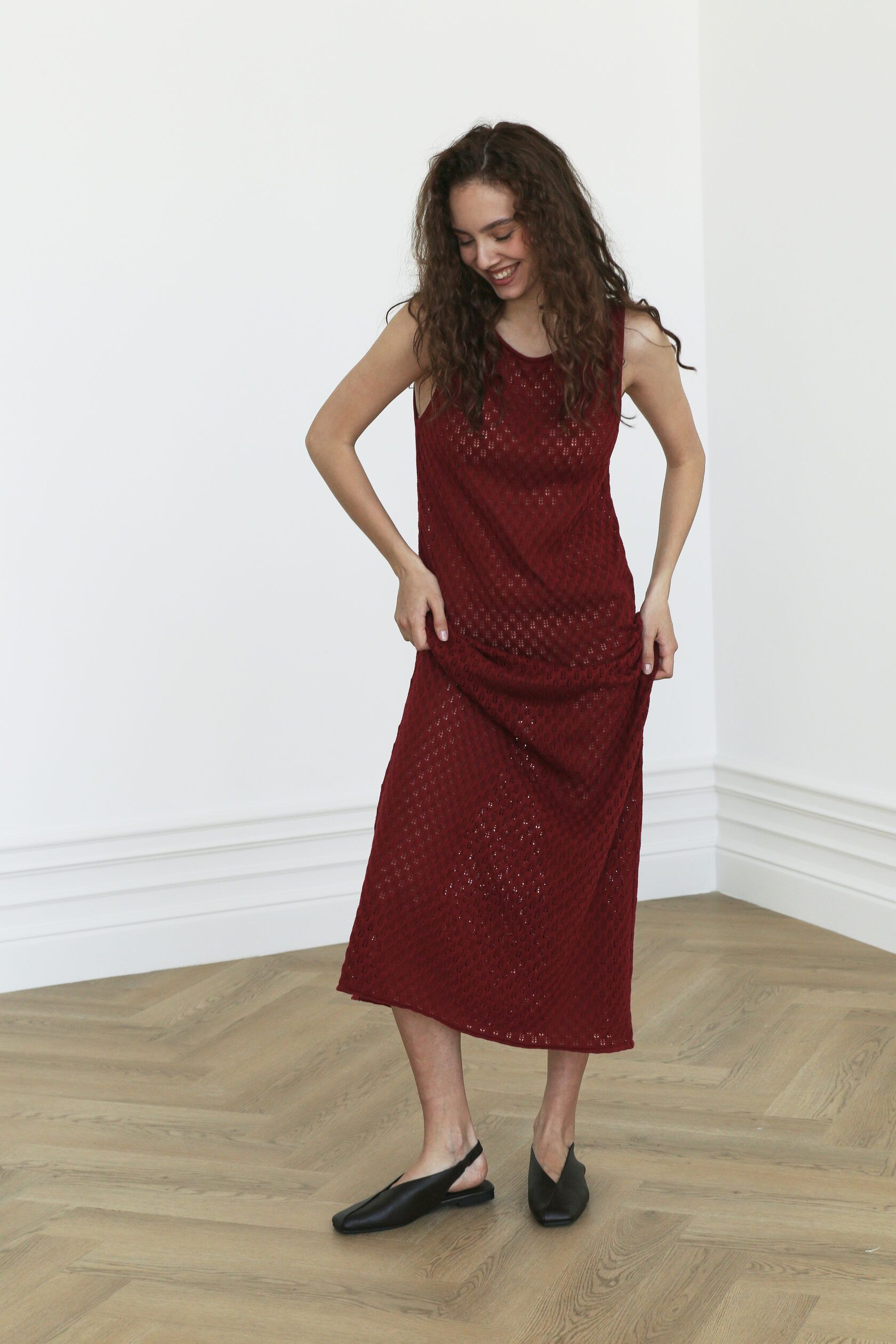 Платье трикотажное ажур Колоски макси бургунди S-M