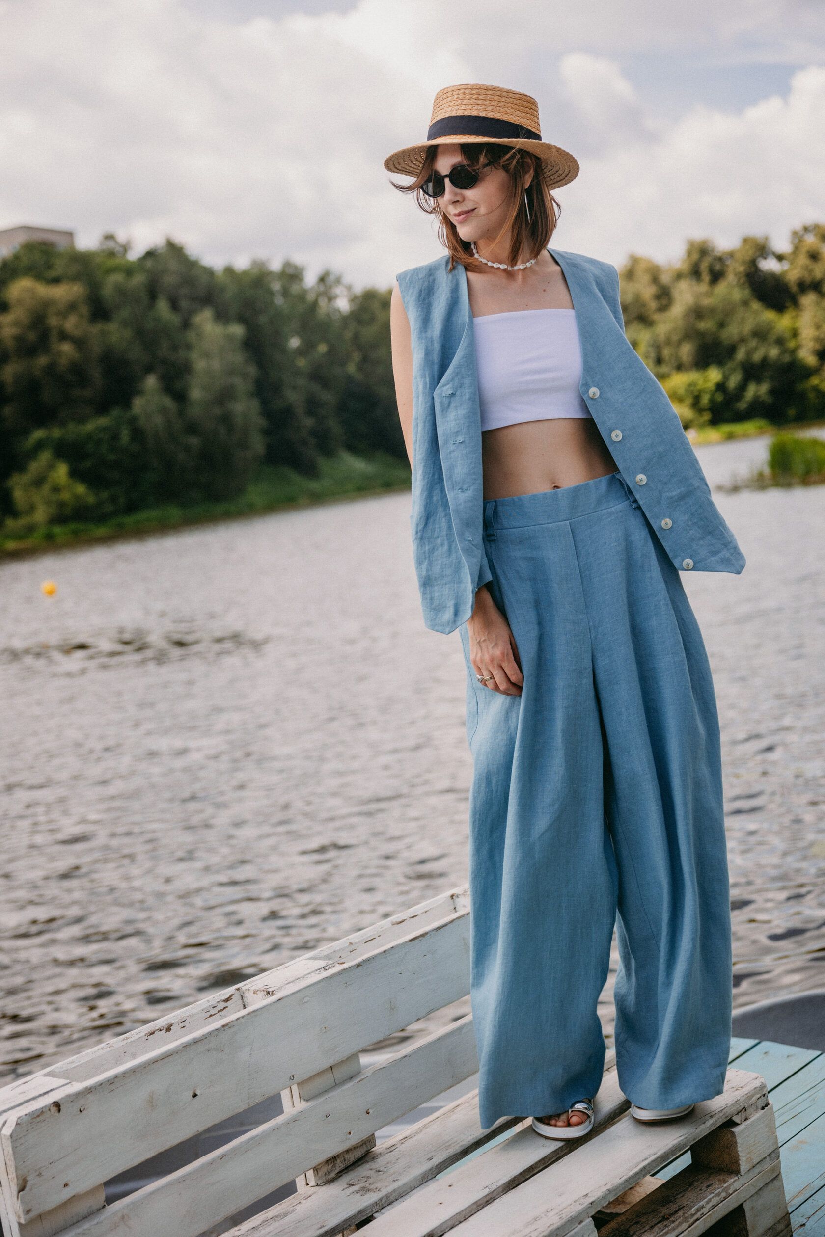 Брюки палаццо льняные серо-голубой L