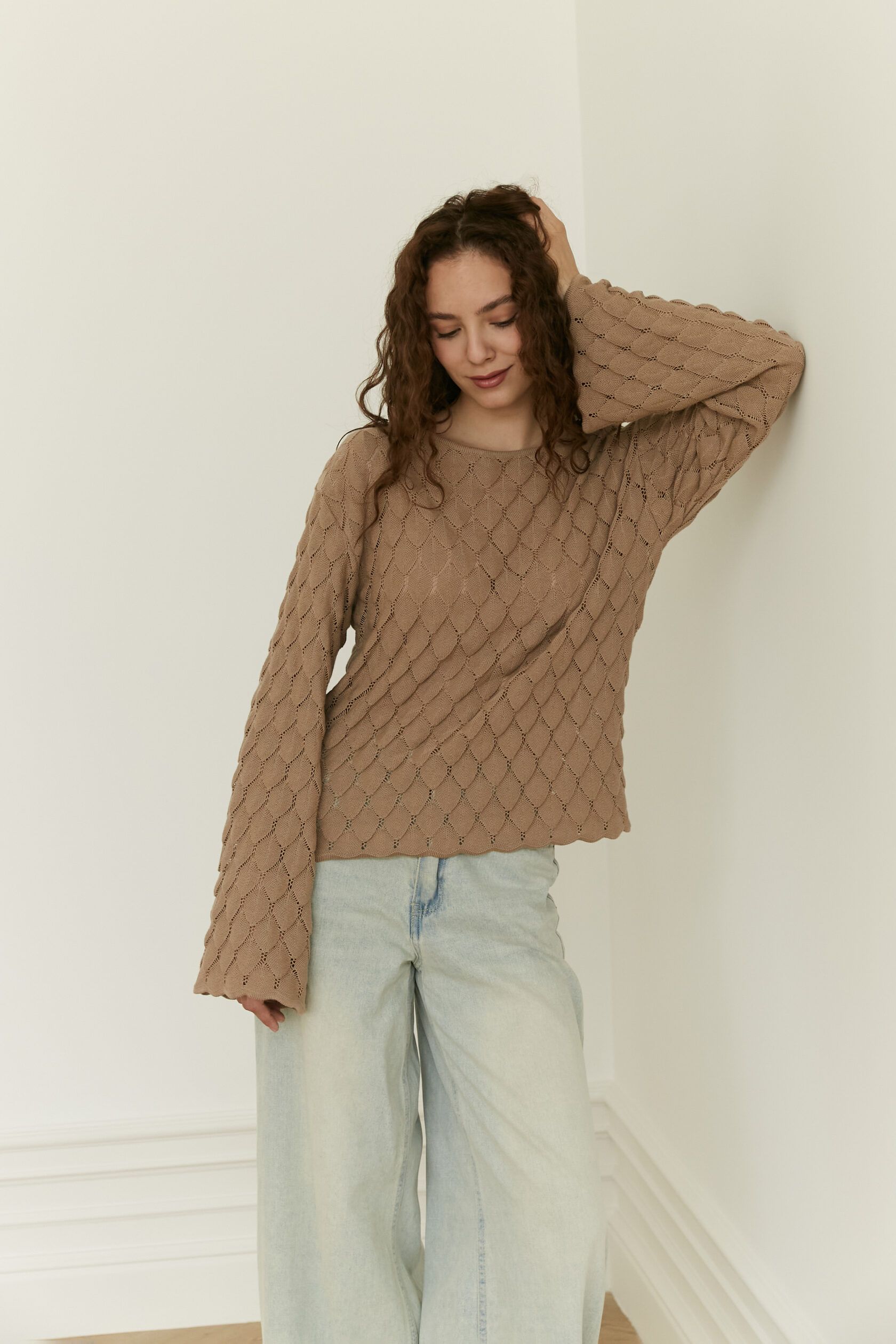 Лонгслив трикотажный ажур Листочки капучино S-M