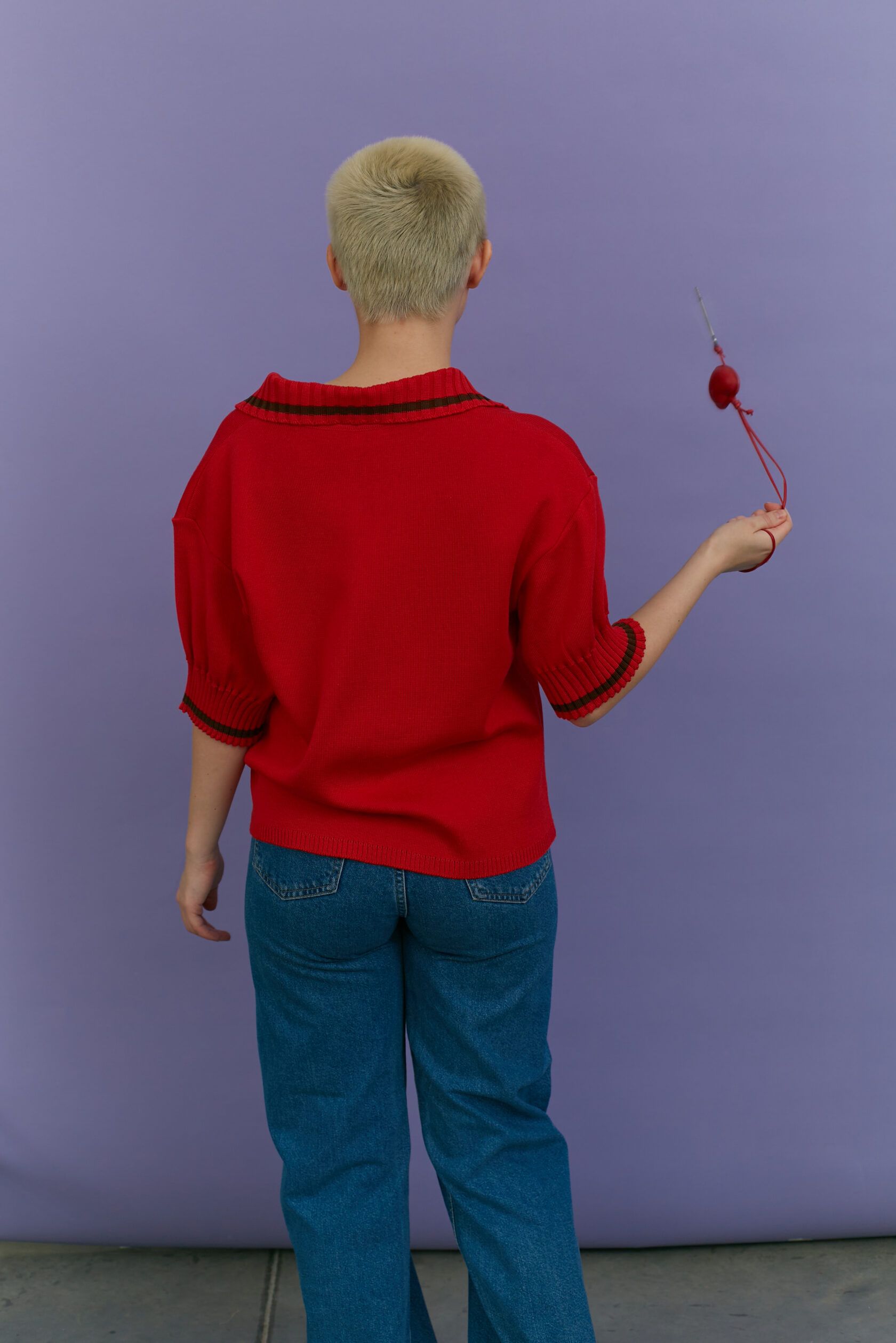 Поло трикотажное алый с шоколадной полосой M-L