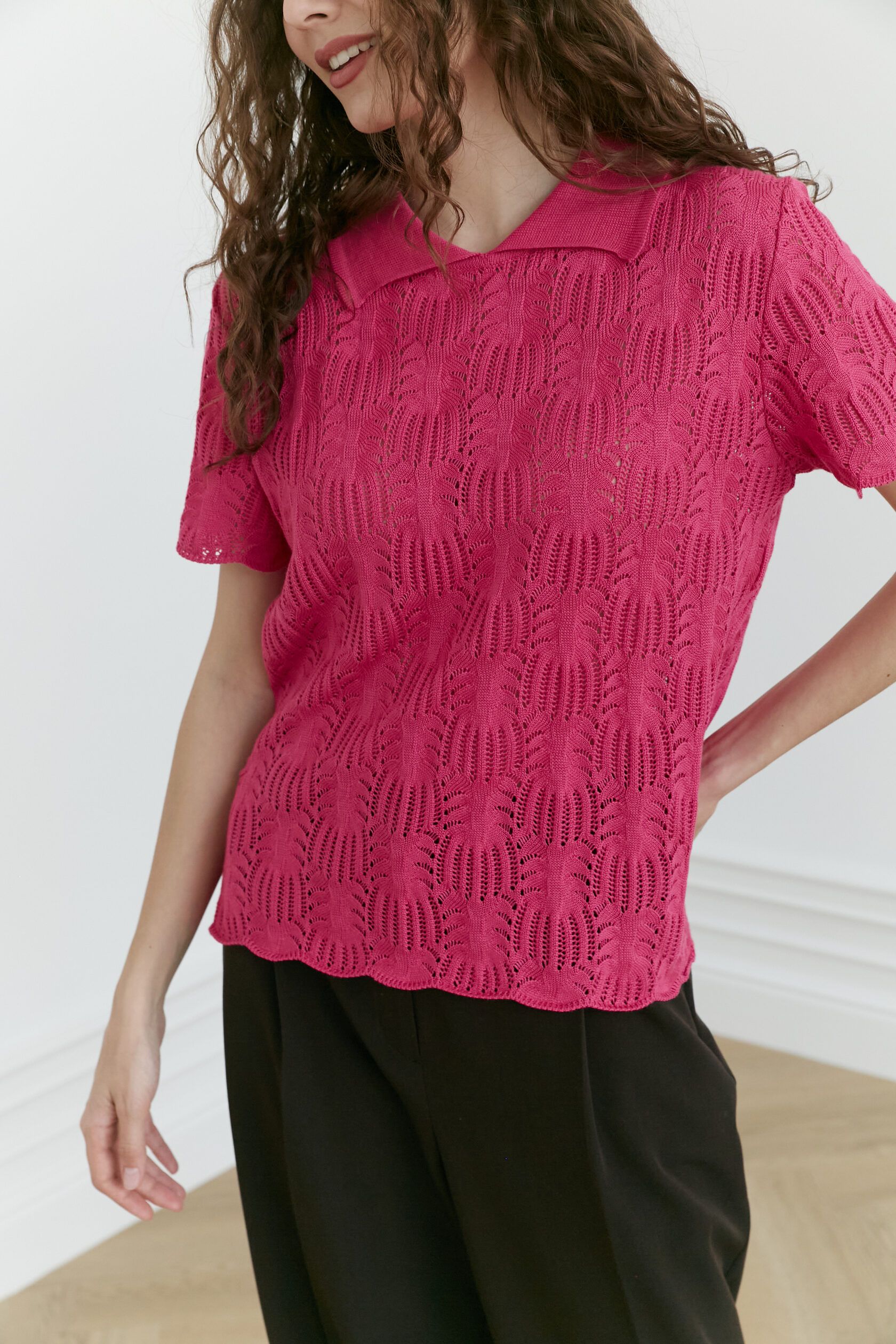 Поло трикотажное ажур Ананас яркая фуксия XS-S