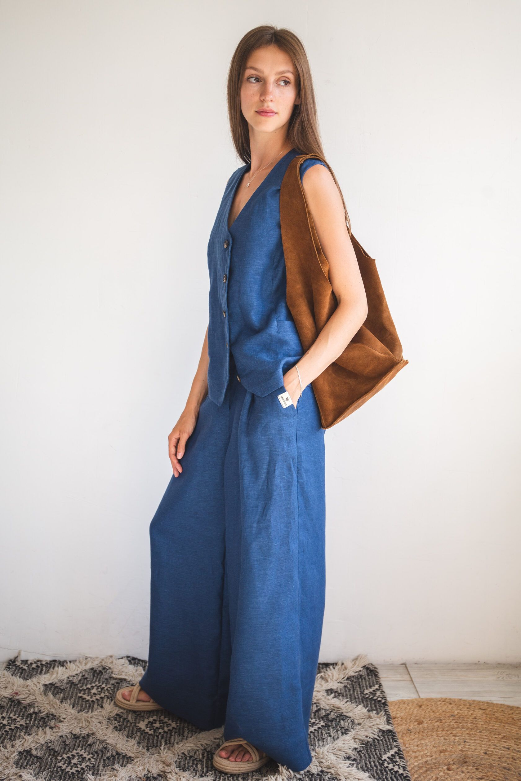 Брюки палаццо льняные синие S