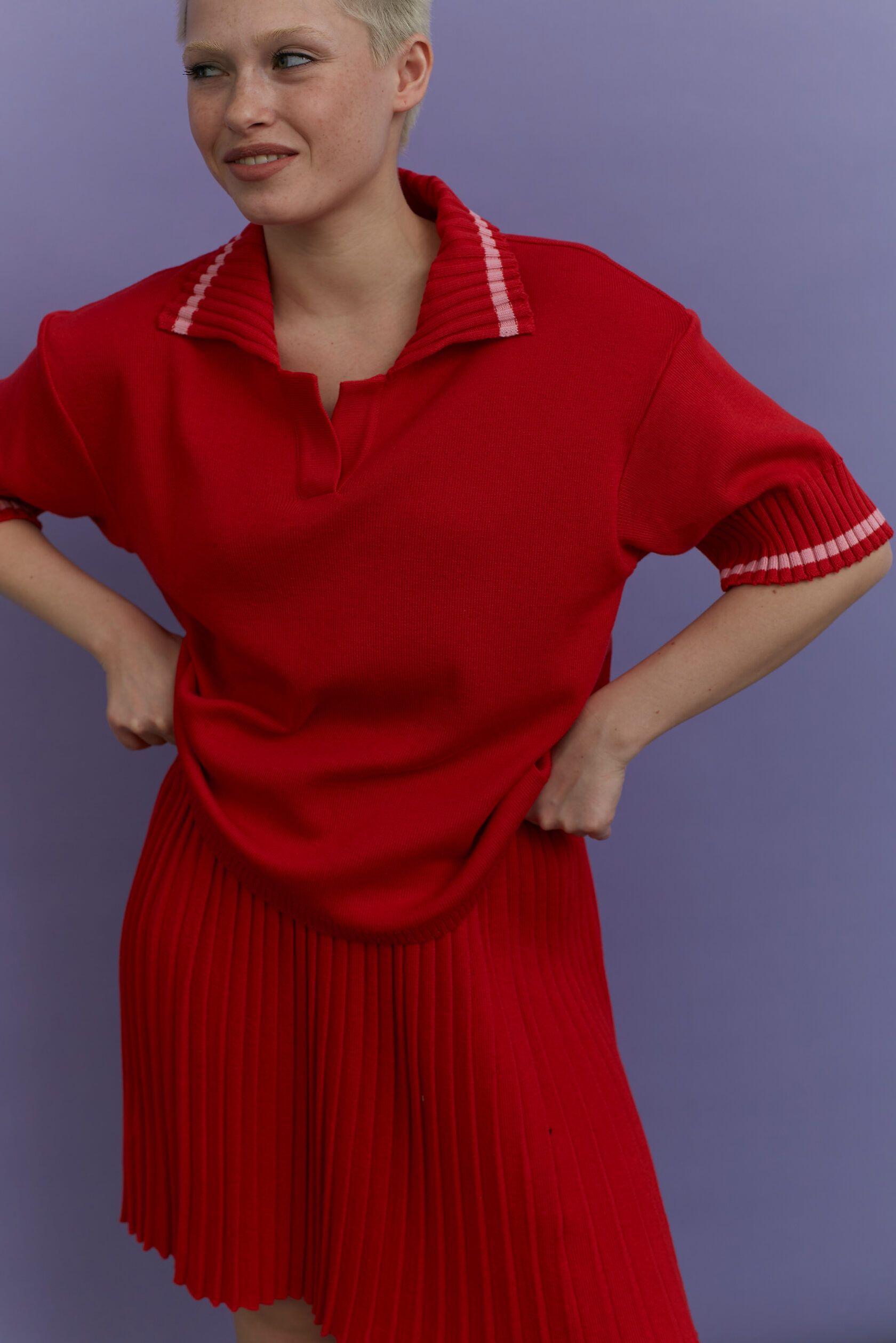 Юбка плиссе трикотажная мини алый S