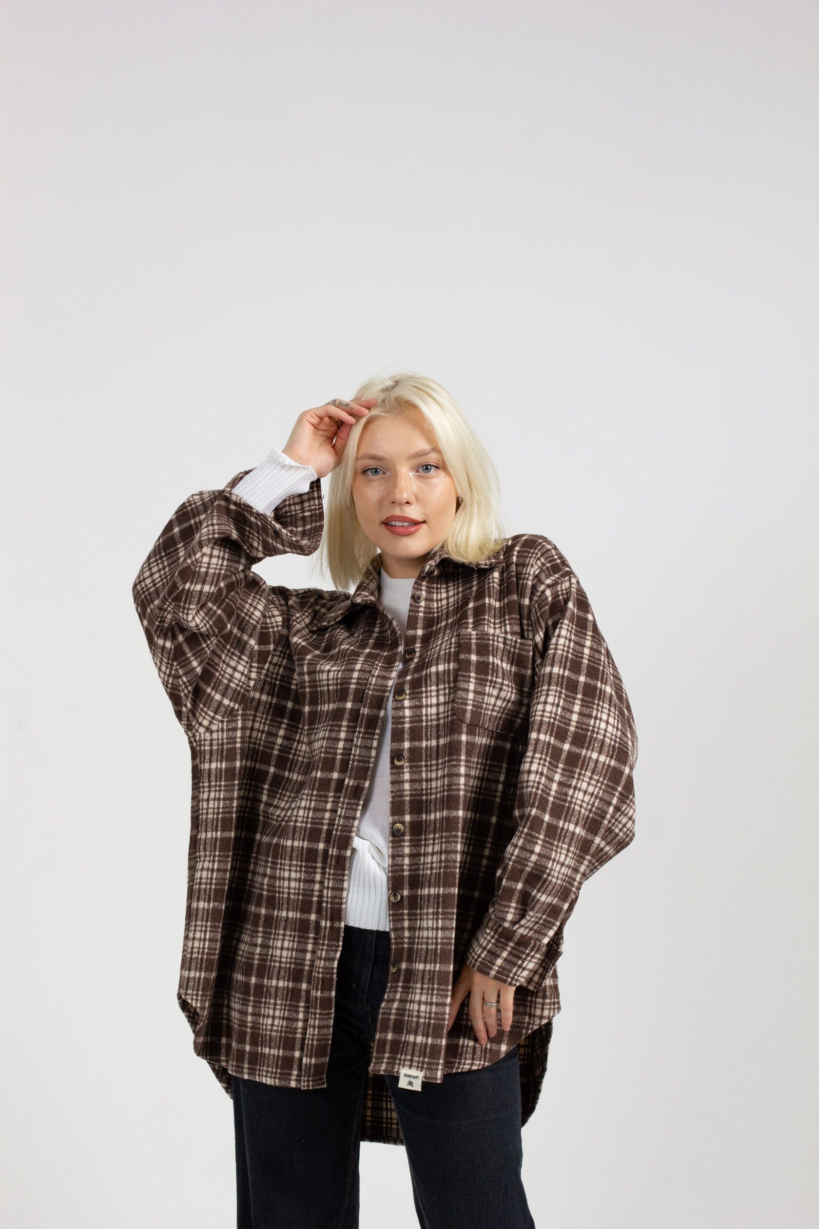Рубашка женская oversize фланель клетка молочный S-M