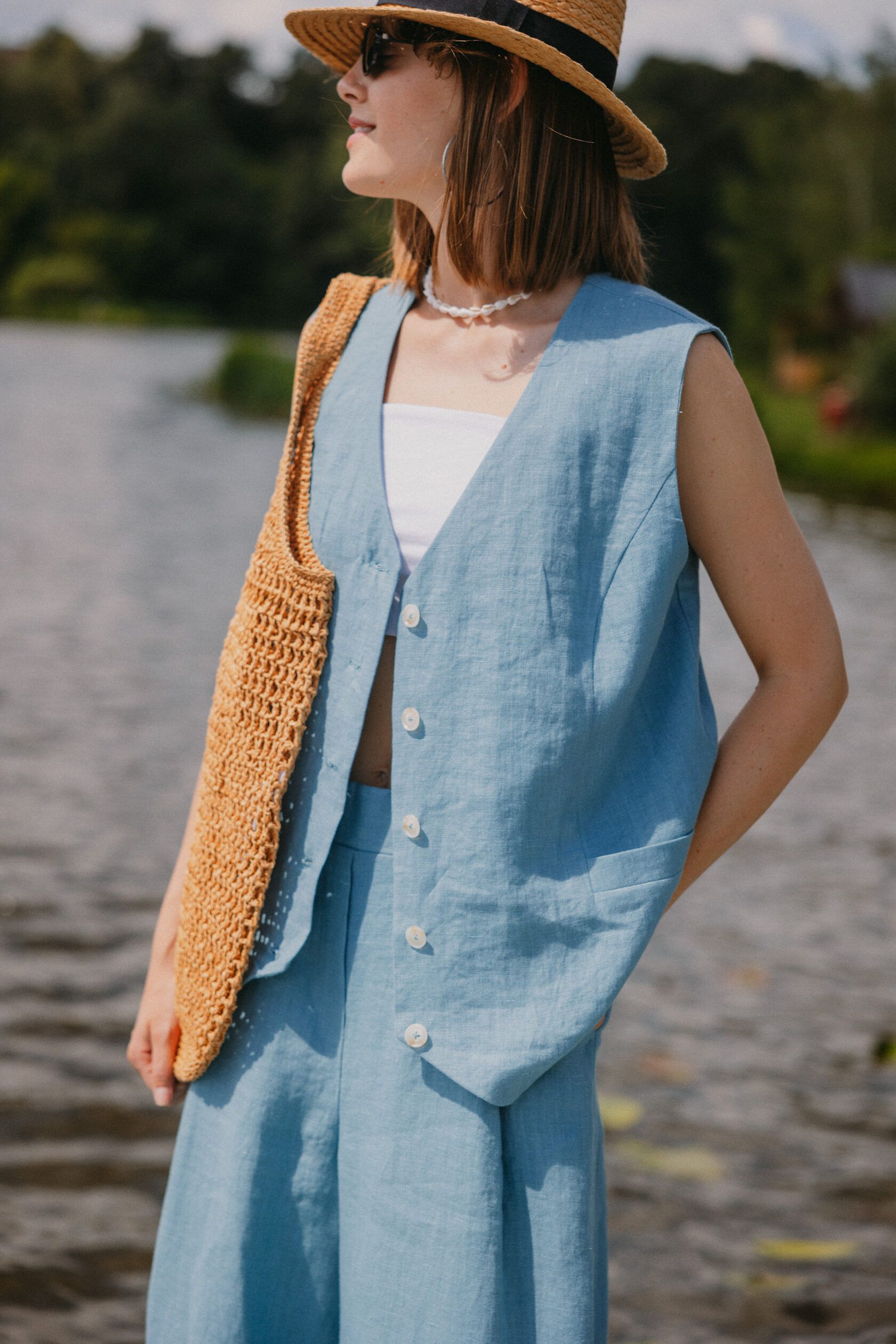 Жилет льняной серо-голубой XS-S