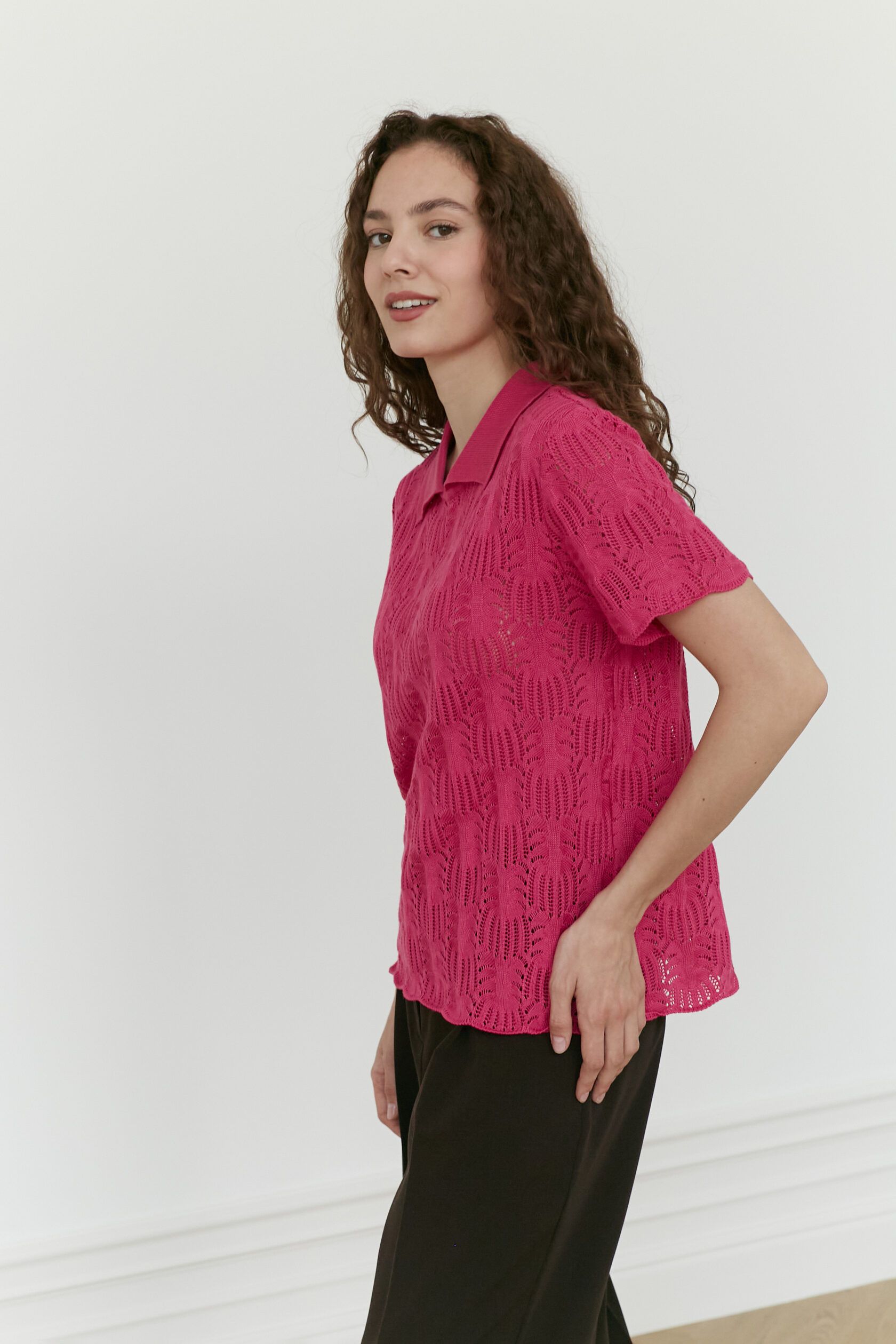 Поло трикотажное ажур Ананас яркая фуксия XS-S