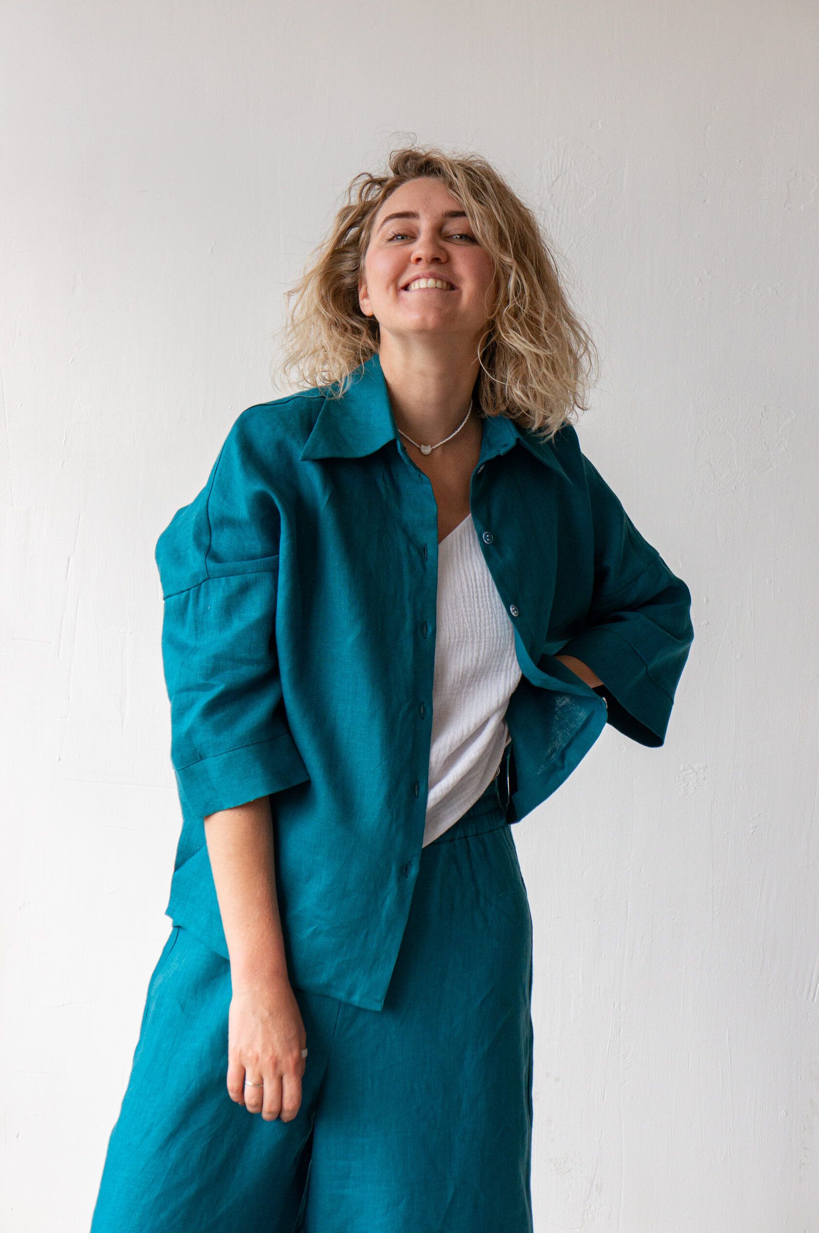 Рубашка льняная бирюза one size