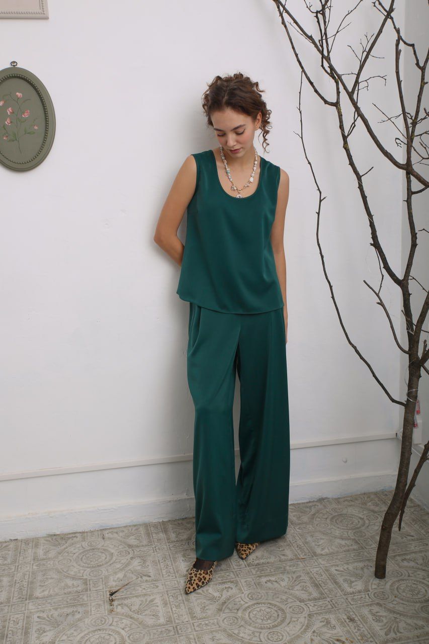 Брюки палаццо искусственный шелк изумруд M