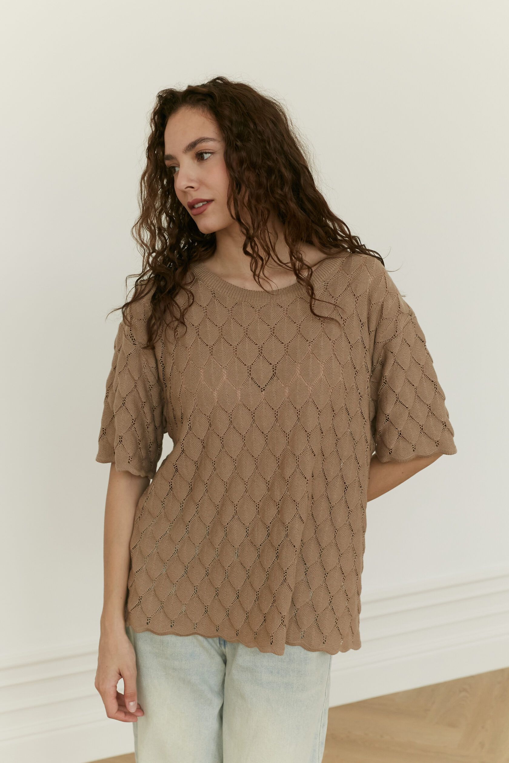 Футболка трикотажная ажур Листочки капучино XS-S