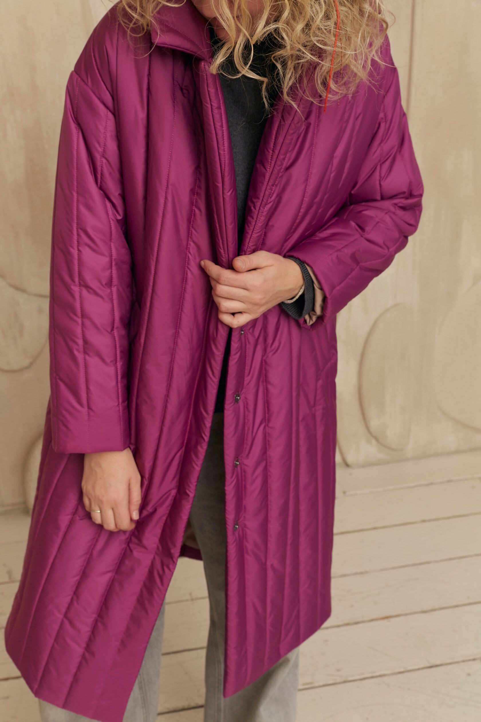 Пальто стеганое женское ежевика M-L